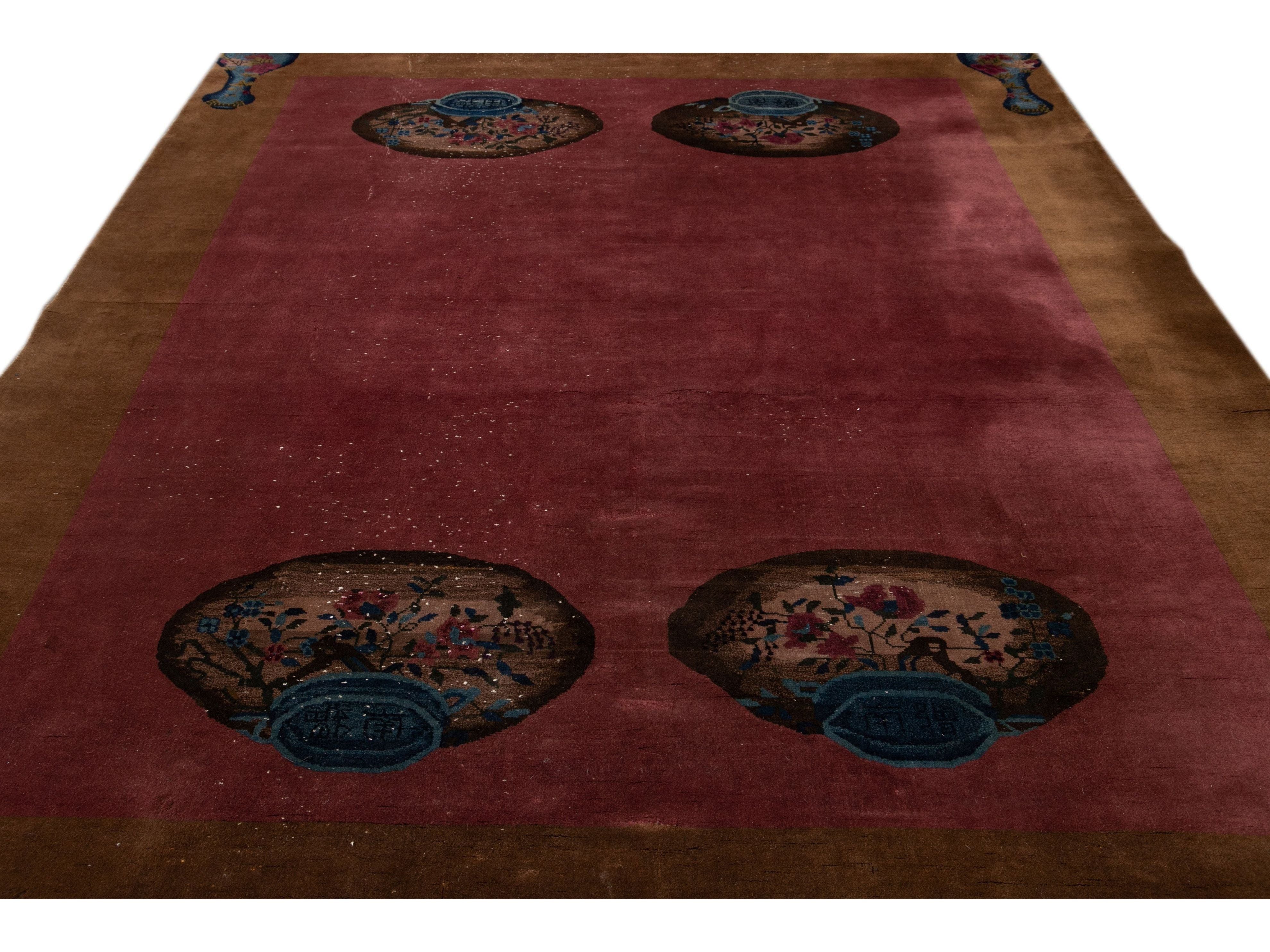 ntique Burgundy Art Deco Chinese Handmade Wool Rug