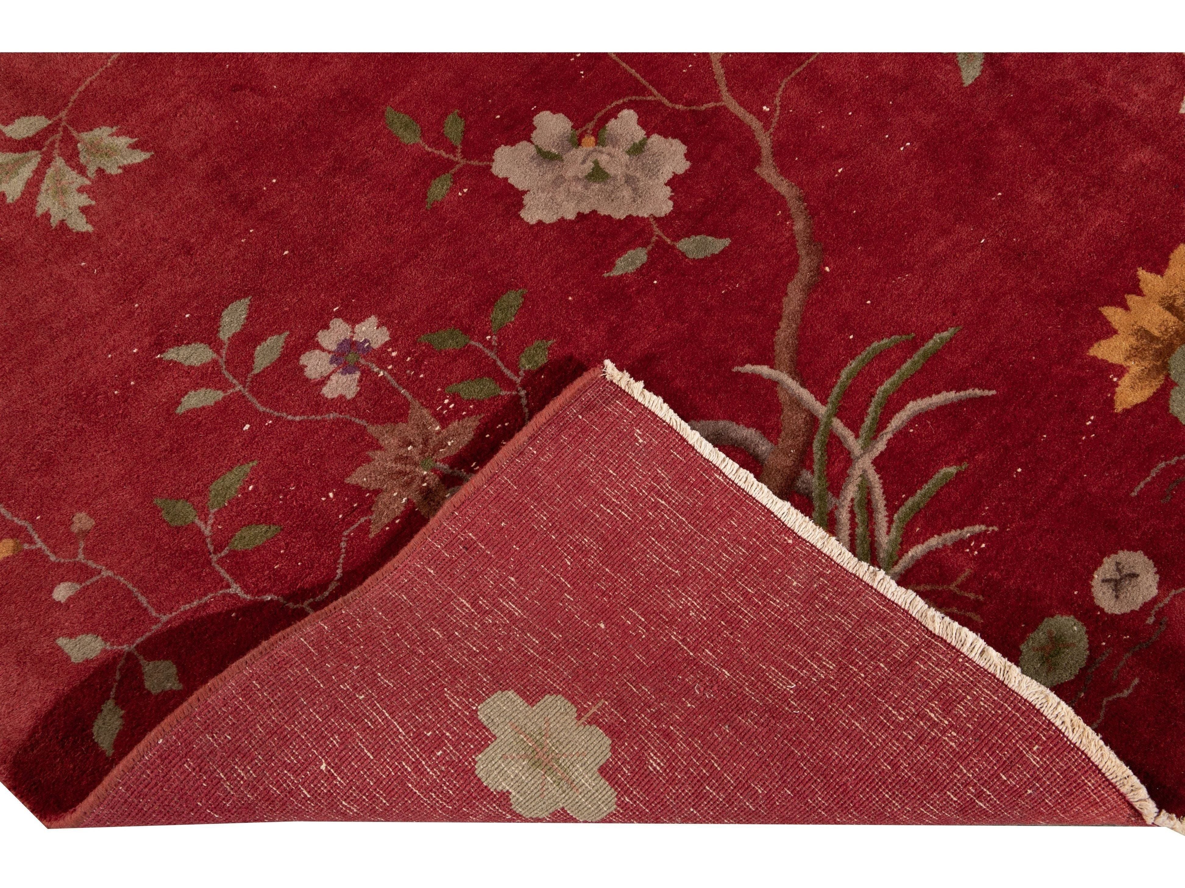 Antique Red Art Deco Chinese Handmade Wool Rug
