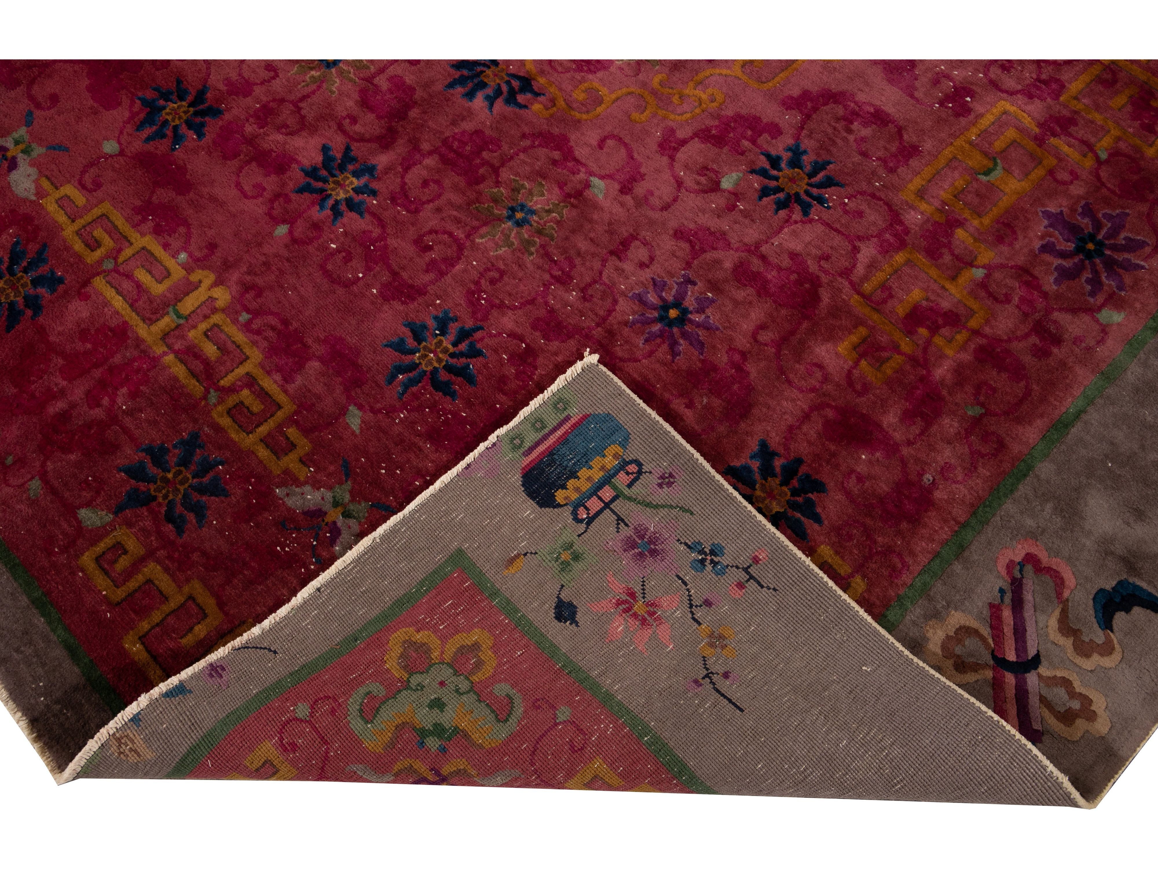 Red Antique Art Deco Chinese Handmade Floral Wool Rug