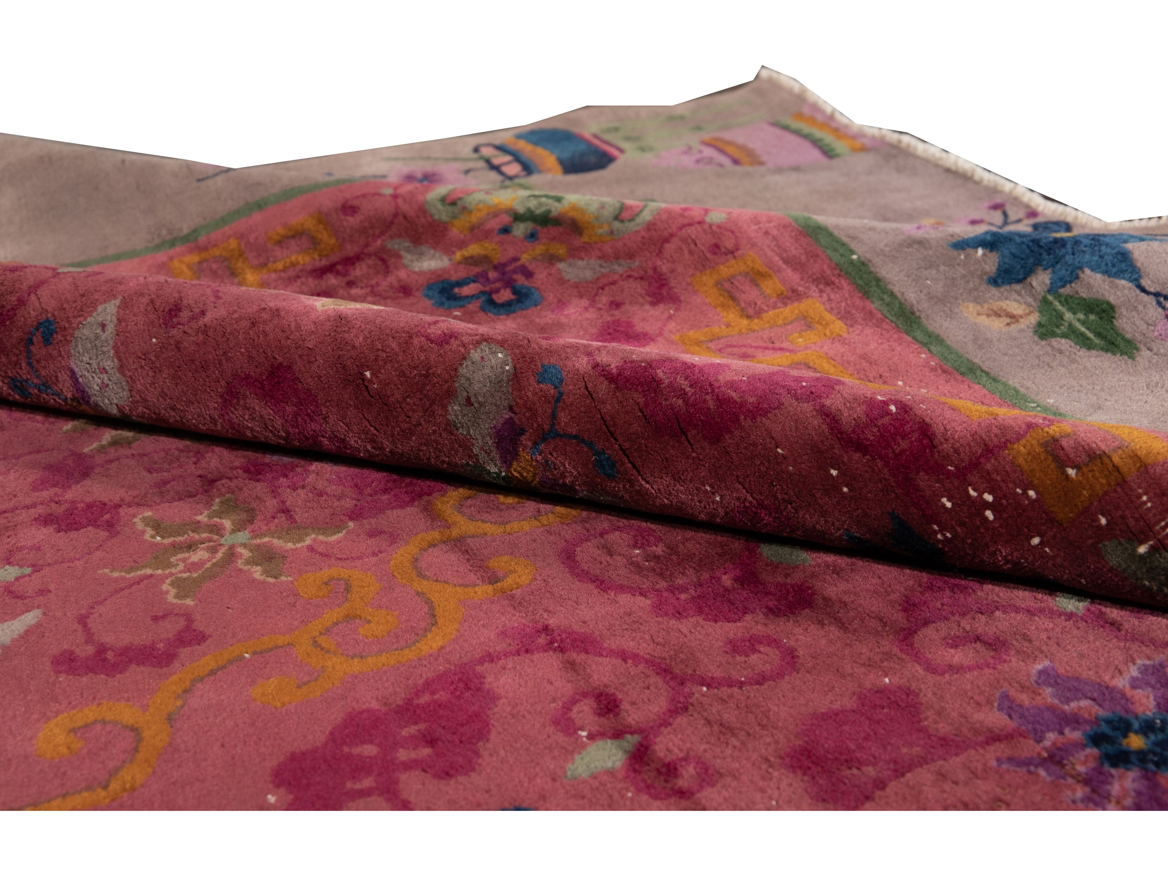 Red Antique Art Deco Chinese Handmade Floral Wool Rug