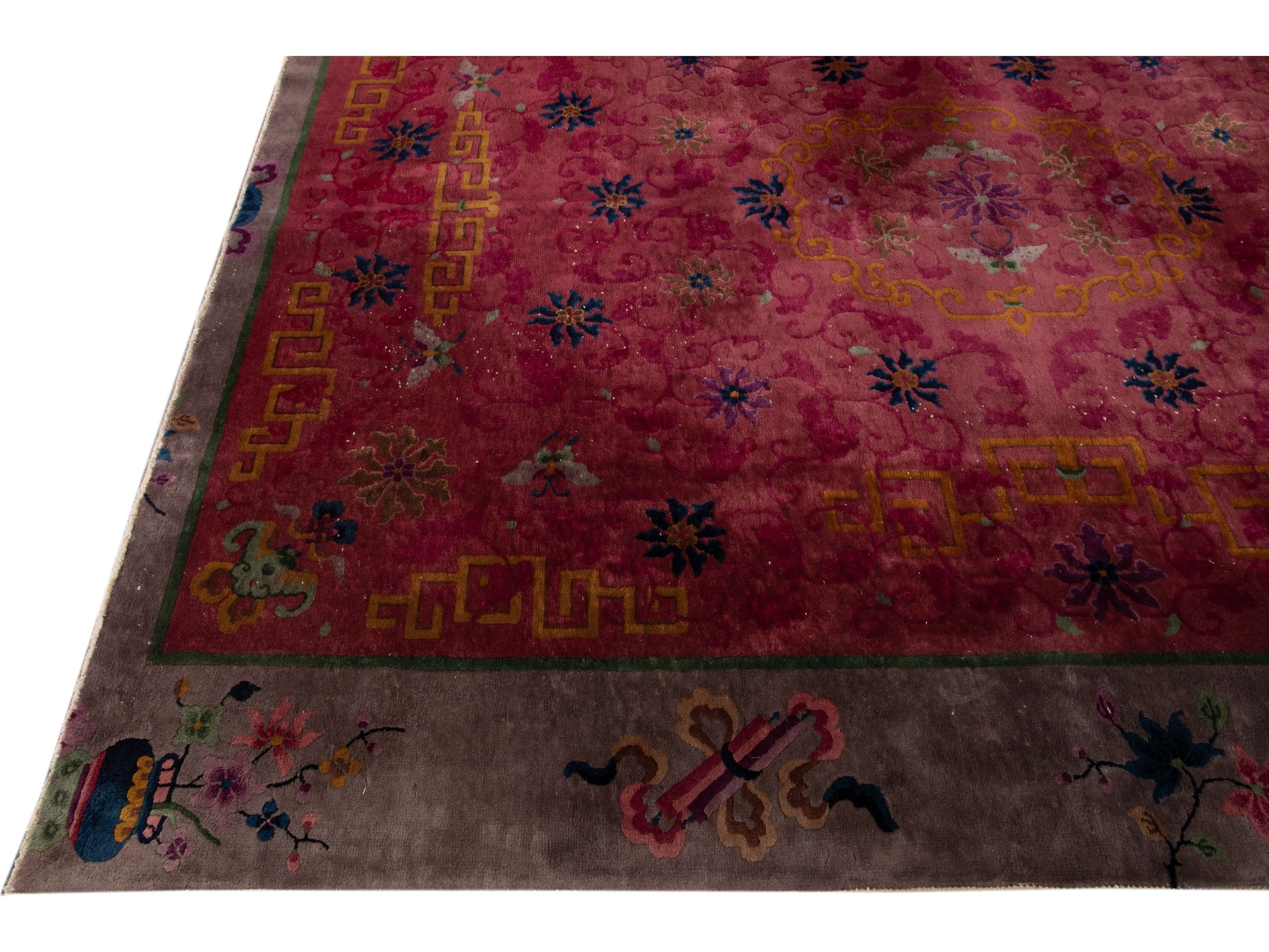 Red Antique Art Deco Chinese Handmade Floral Wool Rug