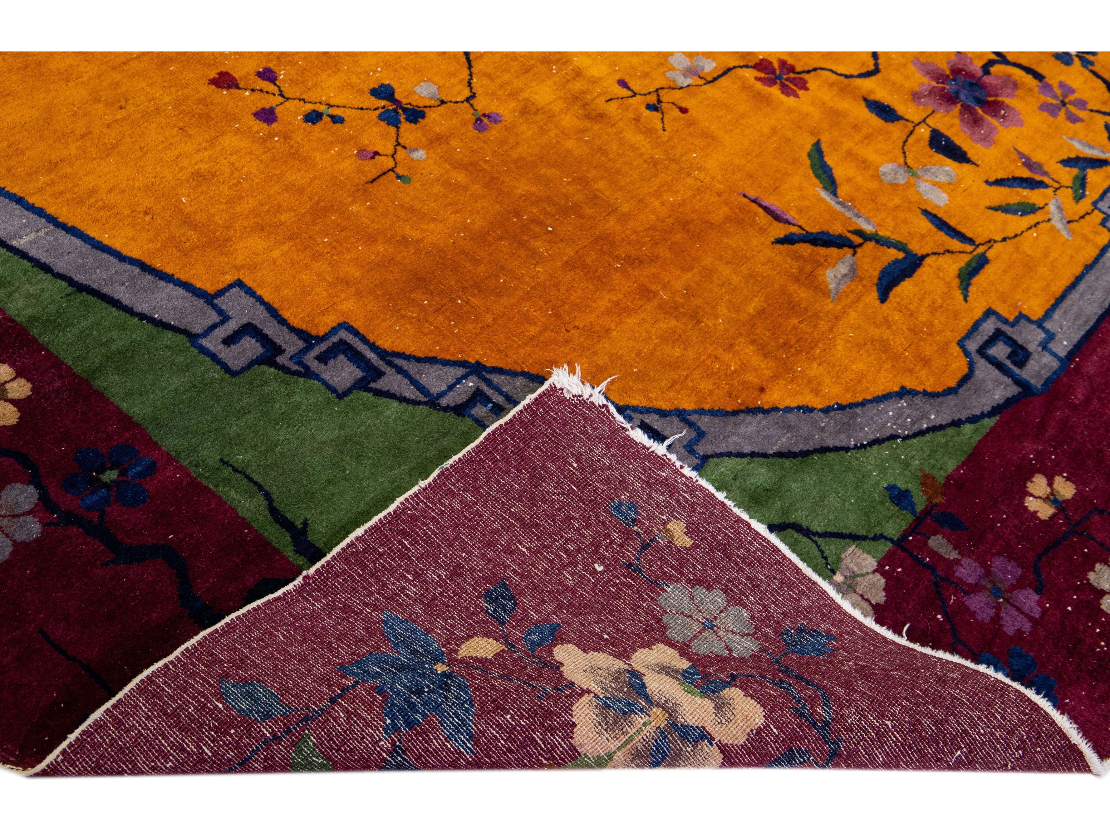 Antique Art Deco Handmade Floral Multicolor Chinese Wool Rug