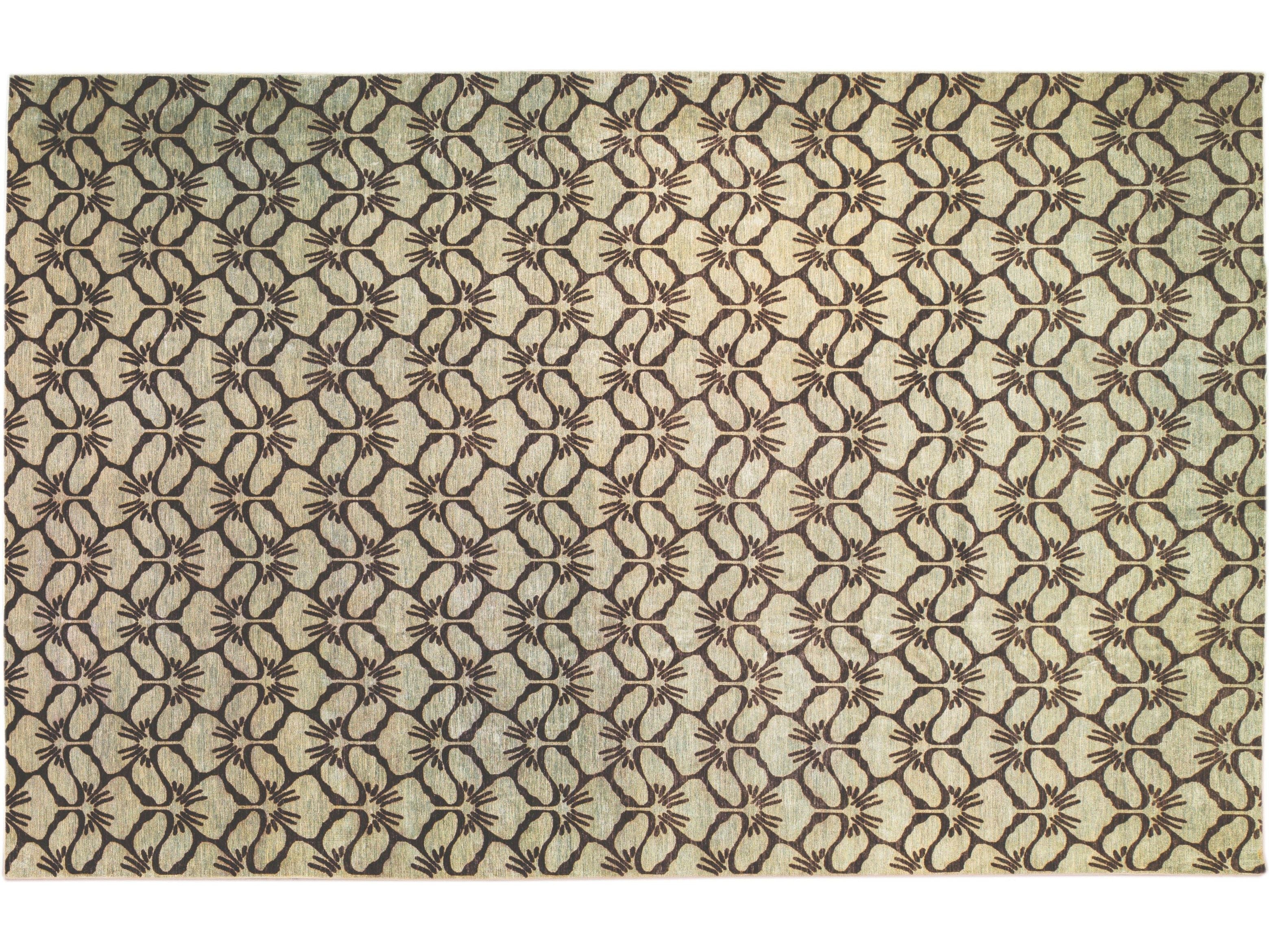 Modern Transitional Handmade Brown Palmettes Pattern Oversize Tan Wool Rug
