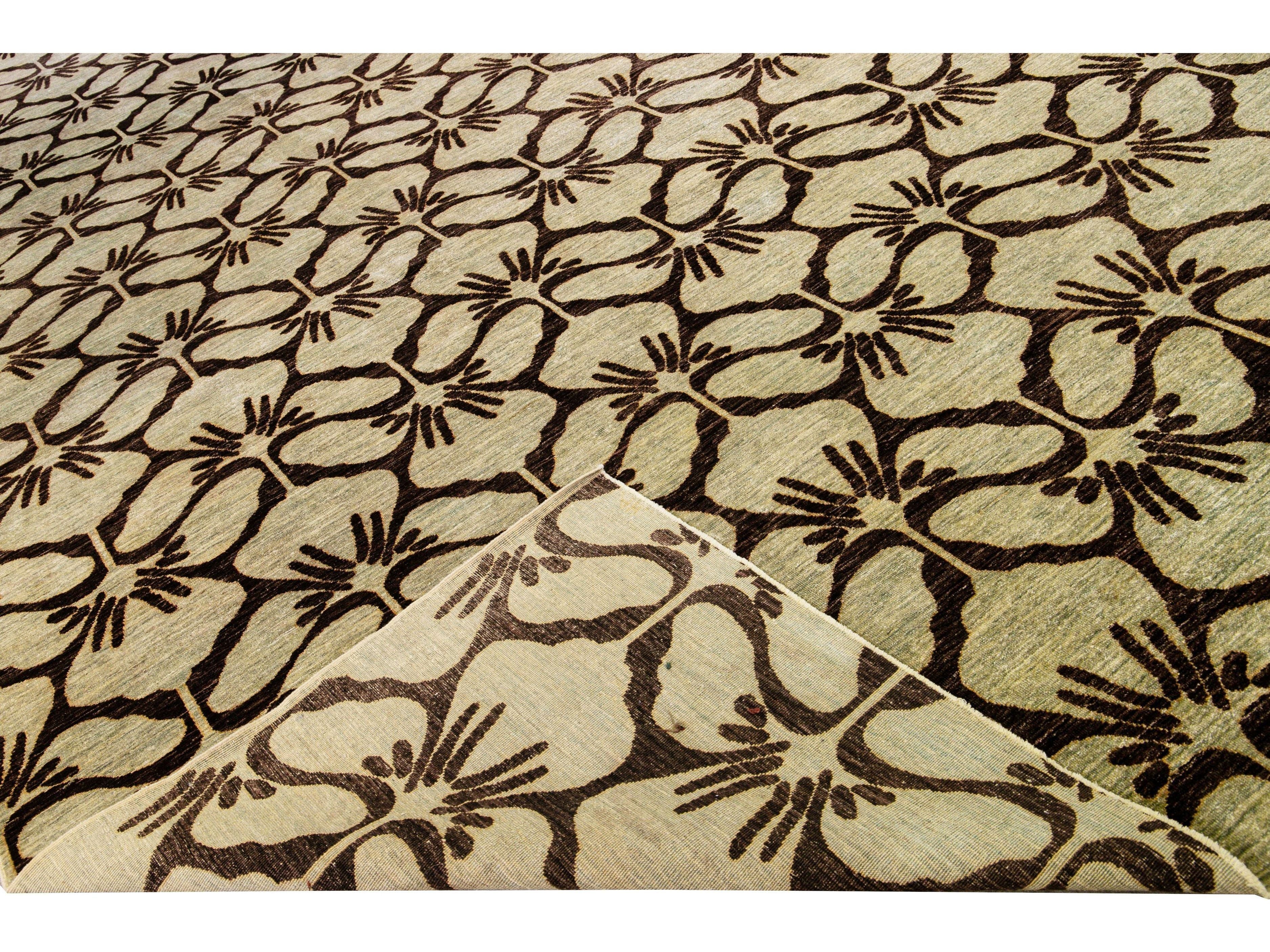 Modern Transitional Handmade Brown Palmettes Pattern Oversize Tan Wool Rug