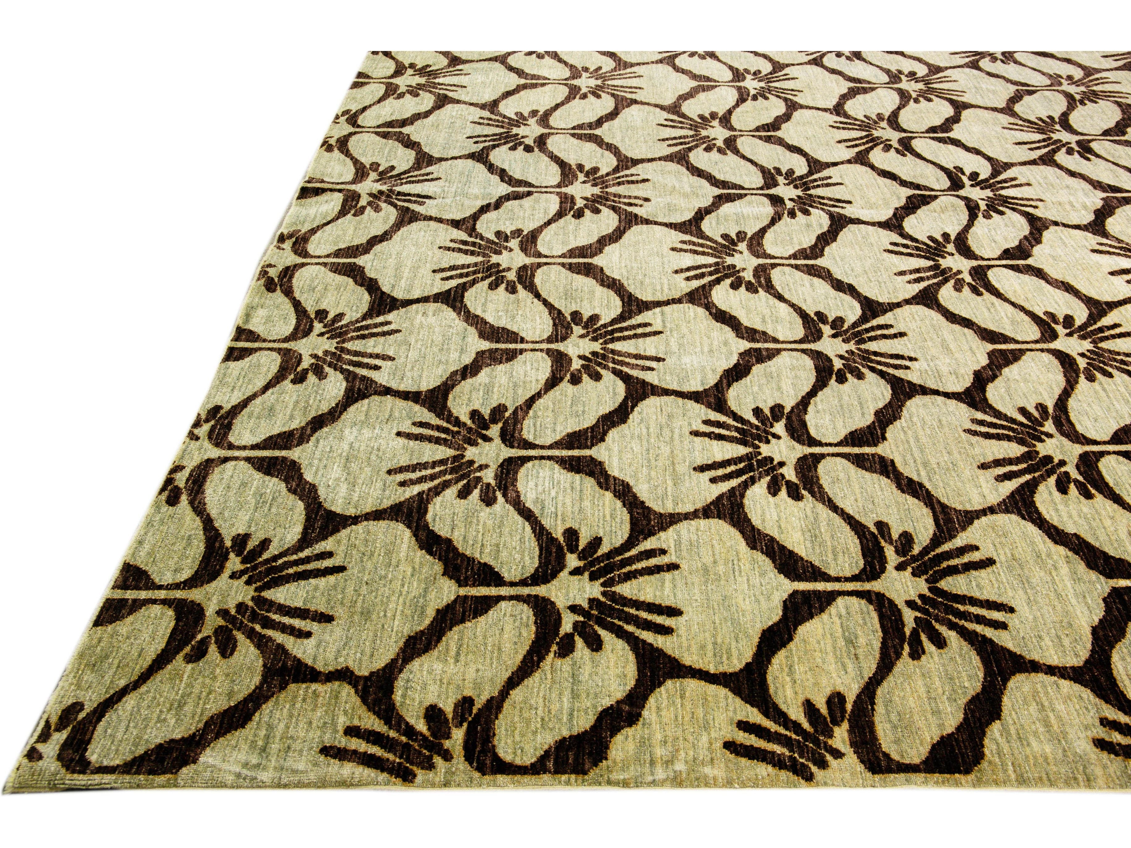 Modern Transitional Handmade Brown Palmettes Pattern Oversize Tan Wool Rug