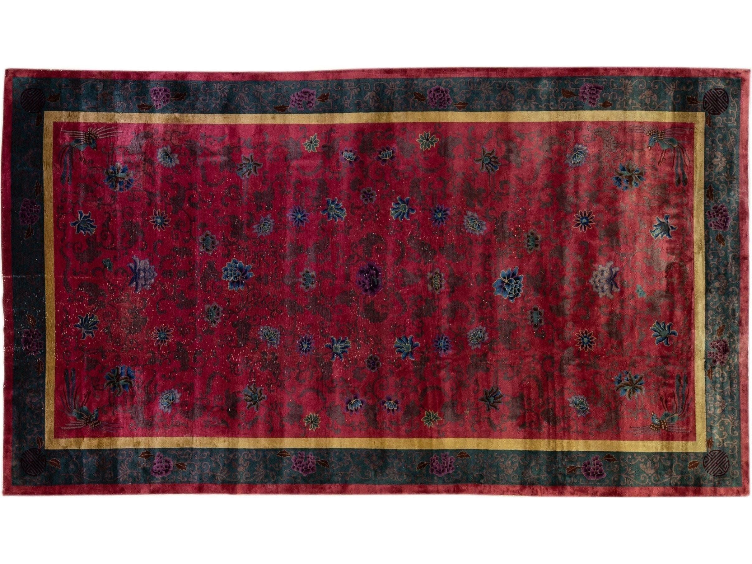 Antique Art Deco Handmade Chinese Floral Red Wool Rug