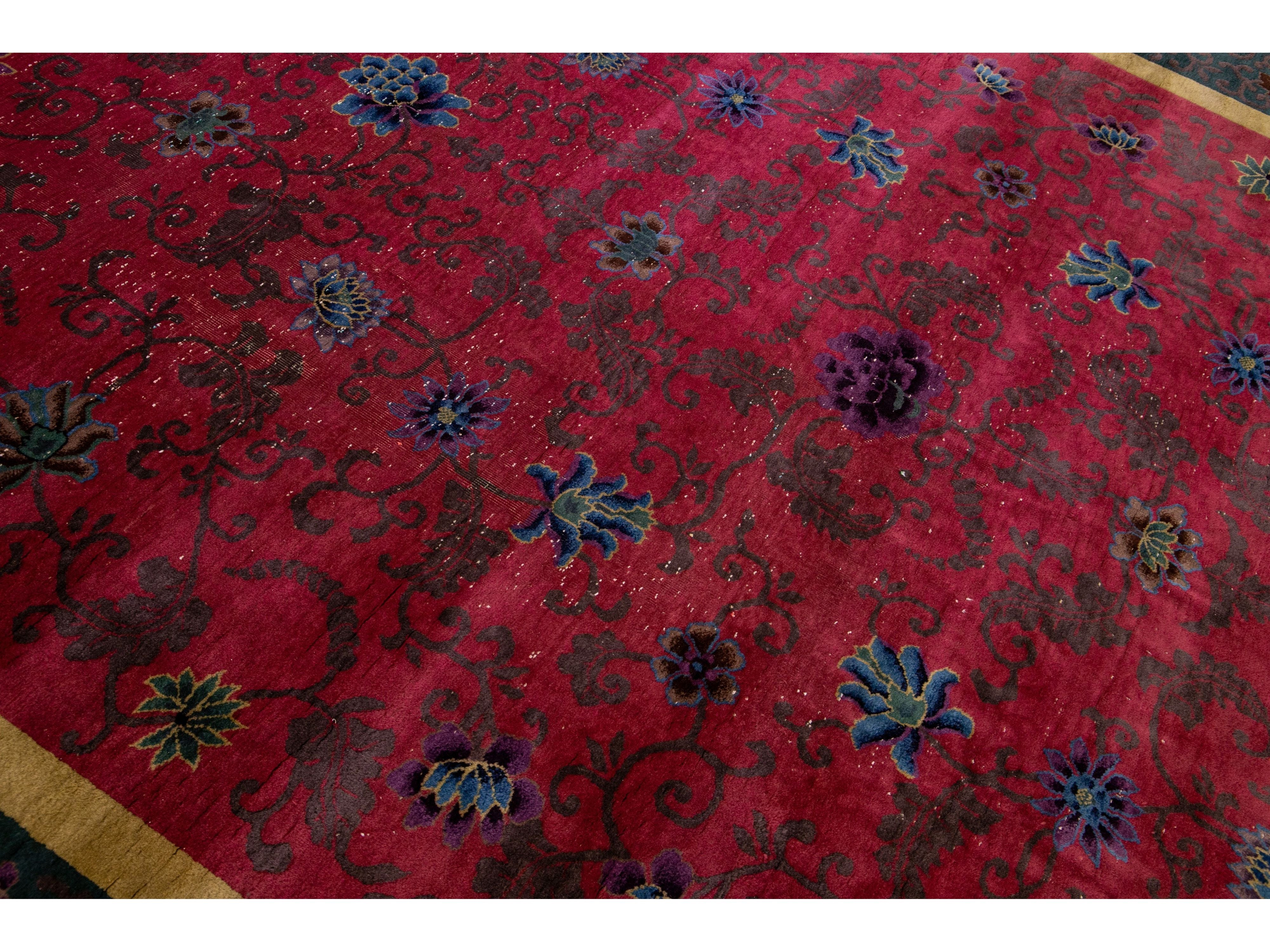 Antique Art Deco Handmade Chinese Floral Red Wool Rug
