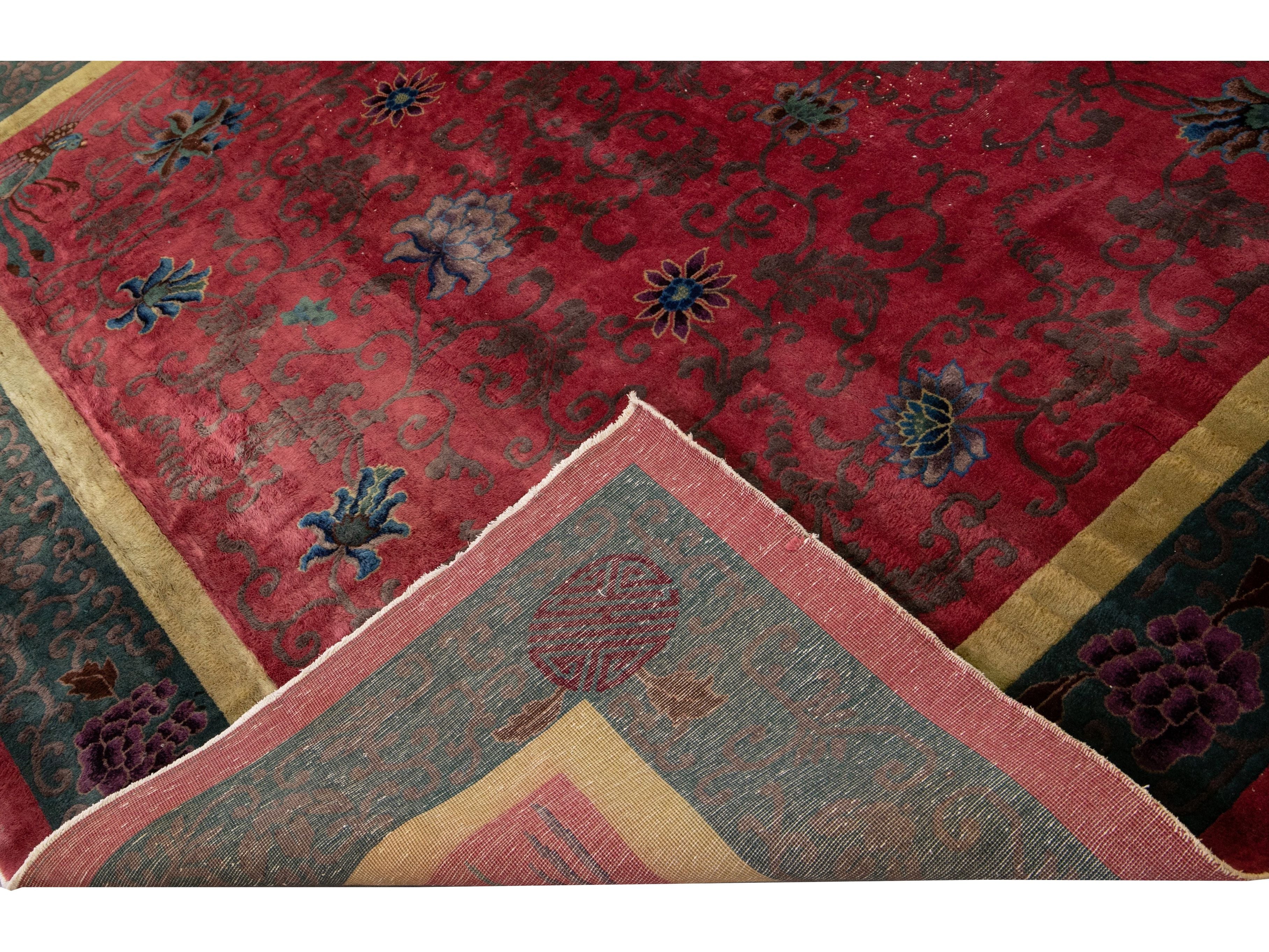Antique Art Deco Handmade Chinese Floral Red Wool Rug