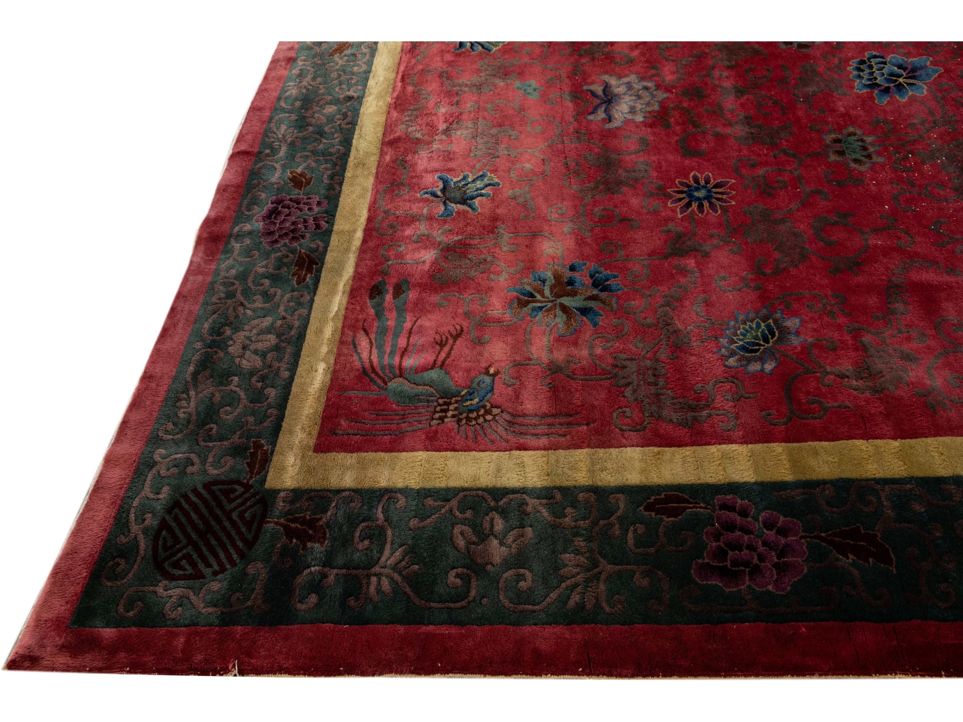 Antique Art Deco Handmade Chinese Floral Red Wool Rug