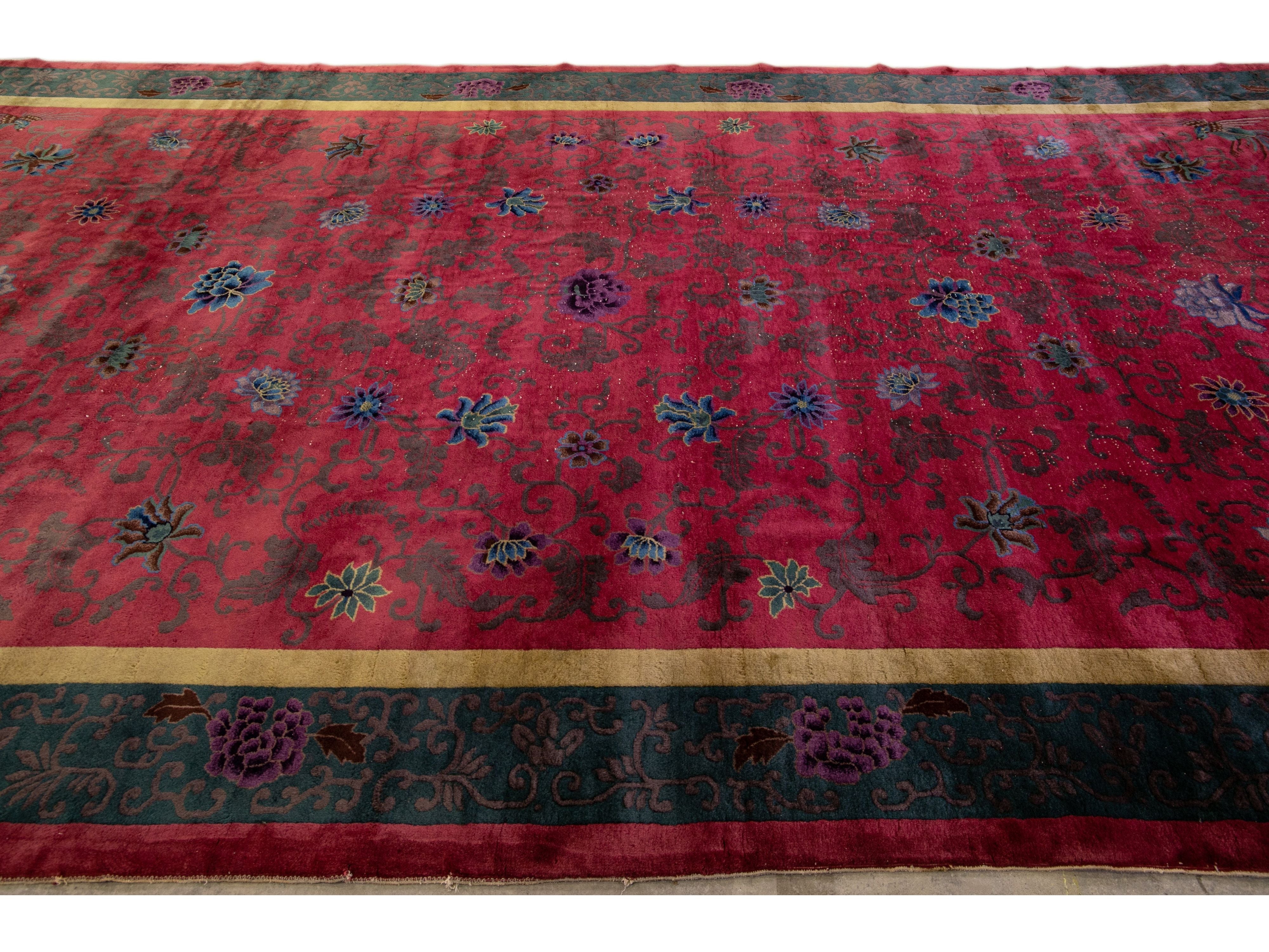 Antique Art Deco Handmade Chinese Floral Red Wool Rug
