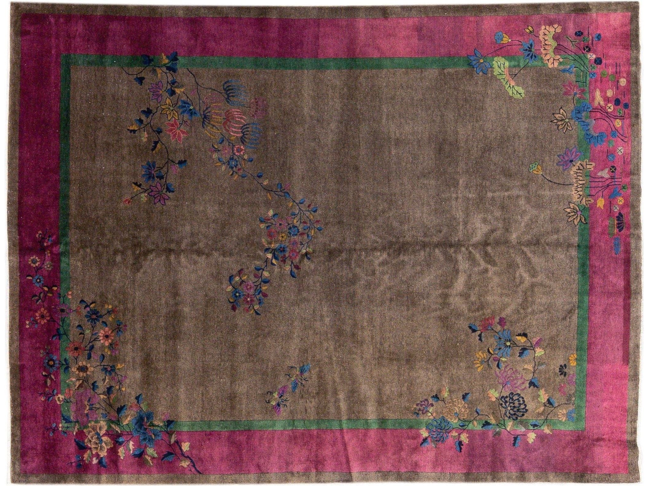 Antique Art Deco Brown Handmade Floral Chinese Wool Rug