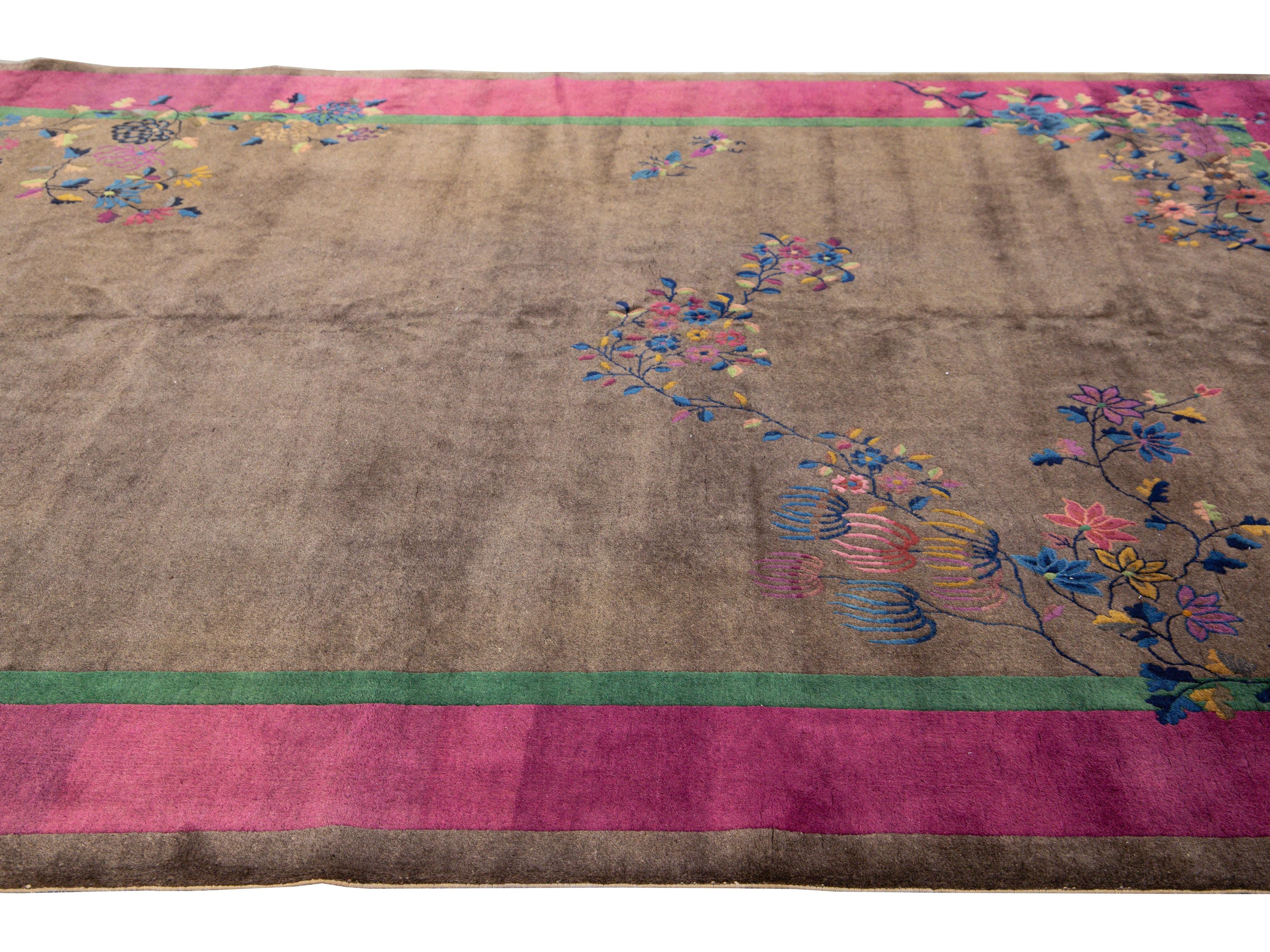 Antique Art Deco Brown Handmade Floral Chinese Wool Rug