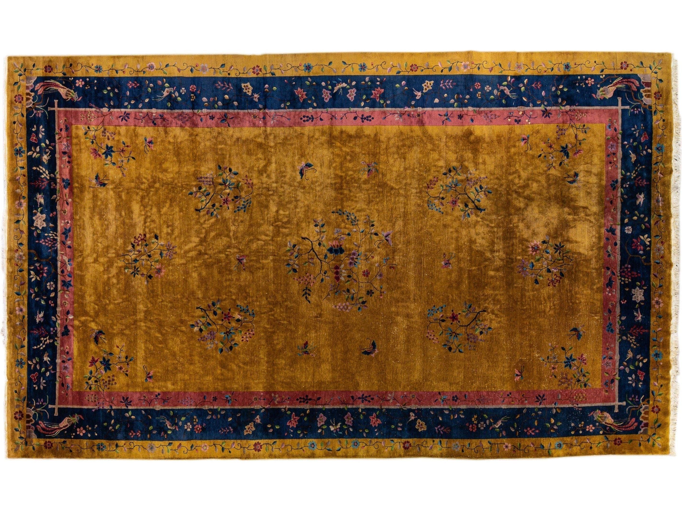 Goldenrod Antique Art Deco Handmade Chinese Floral Motif Wool Rug