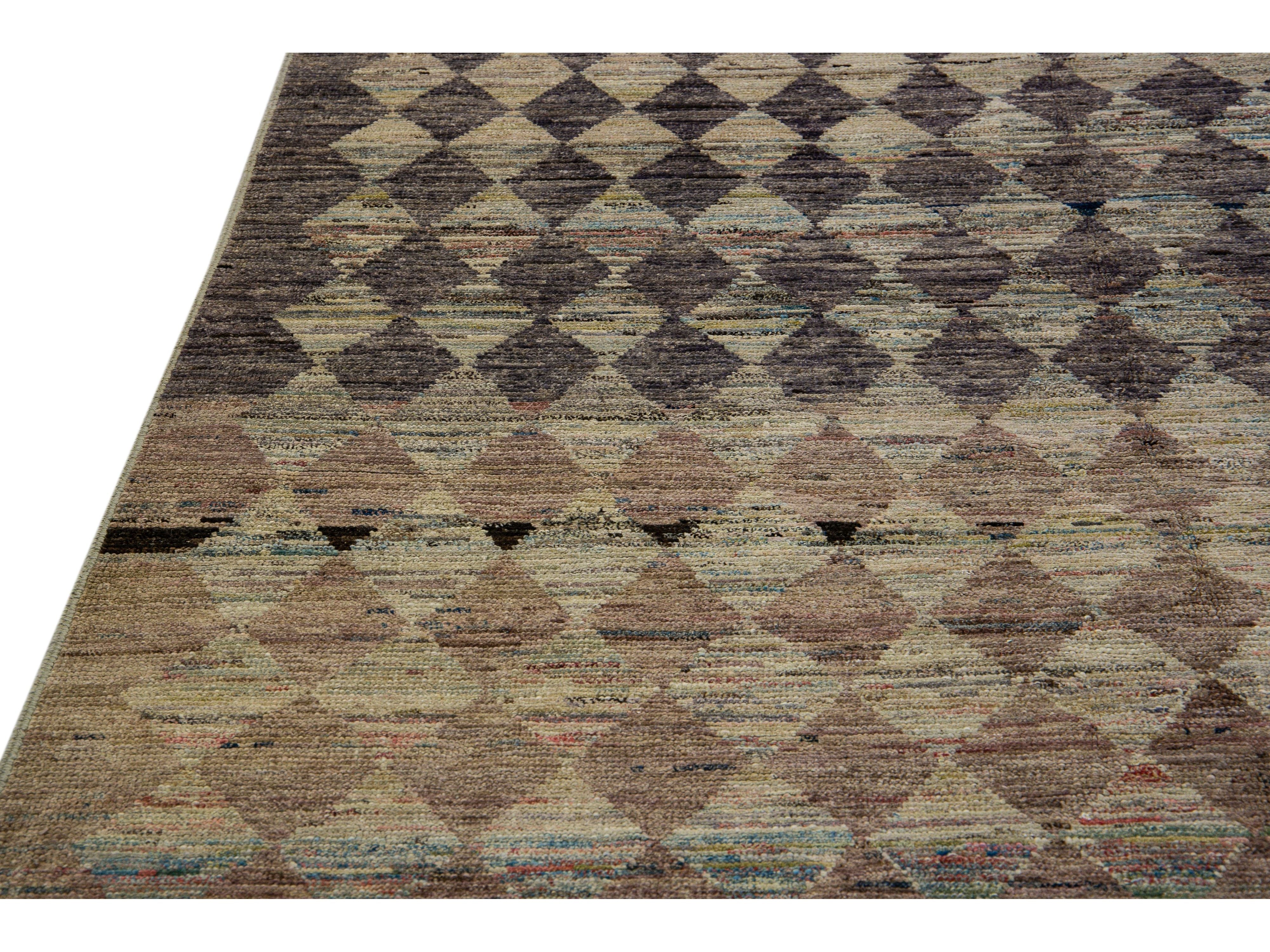  Modern Moroccan Style Handmade Diamond Check Pattern Brown Square Wool Rug