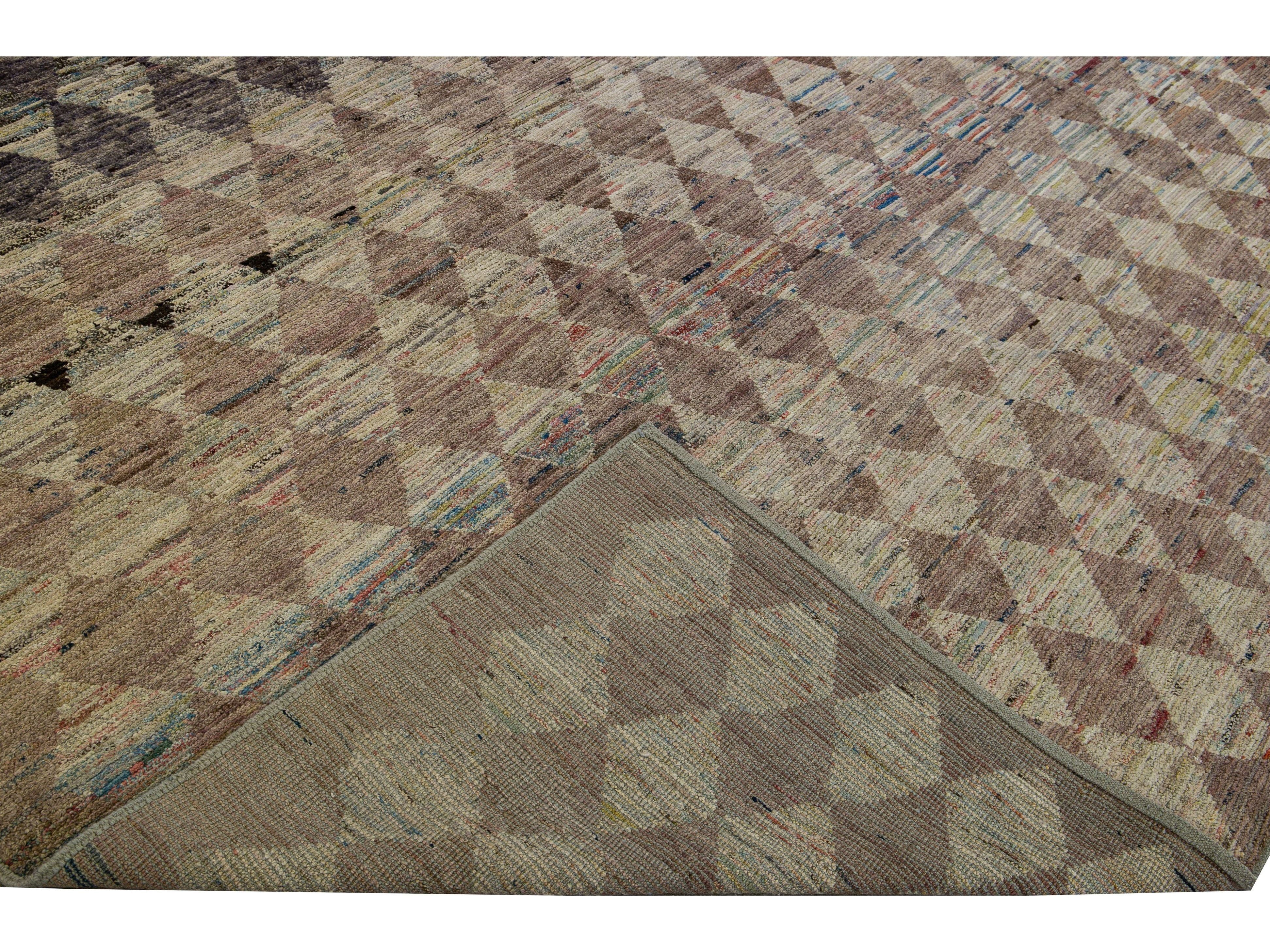  Modern Moroccan Style Handmade Diamond Check Pattern Brown Square Wool Rug