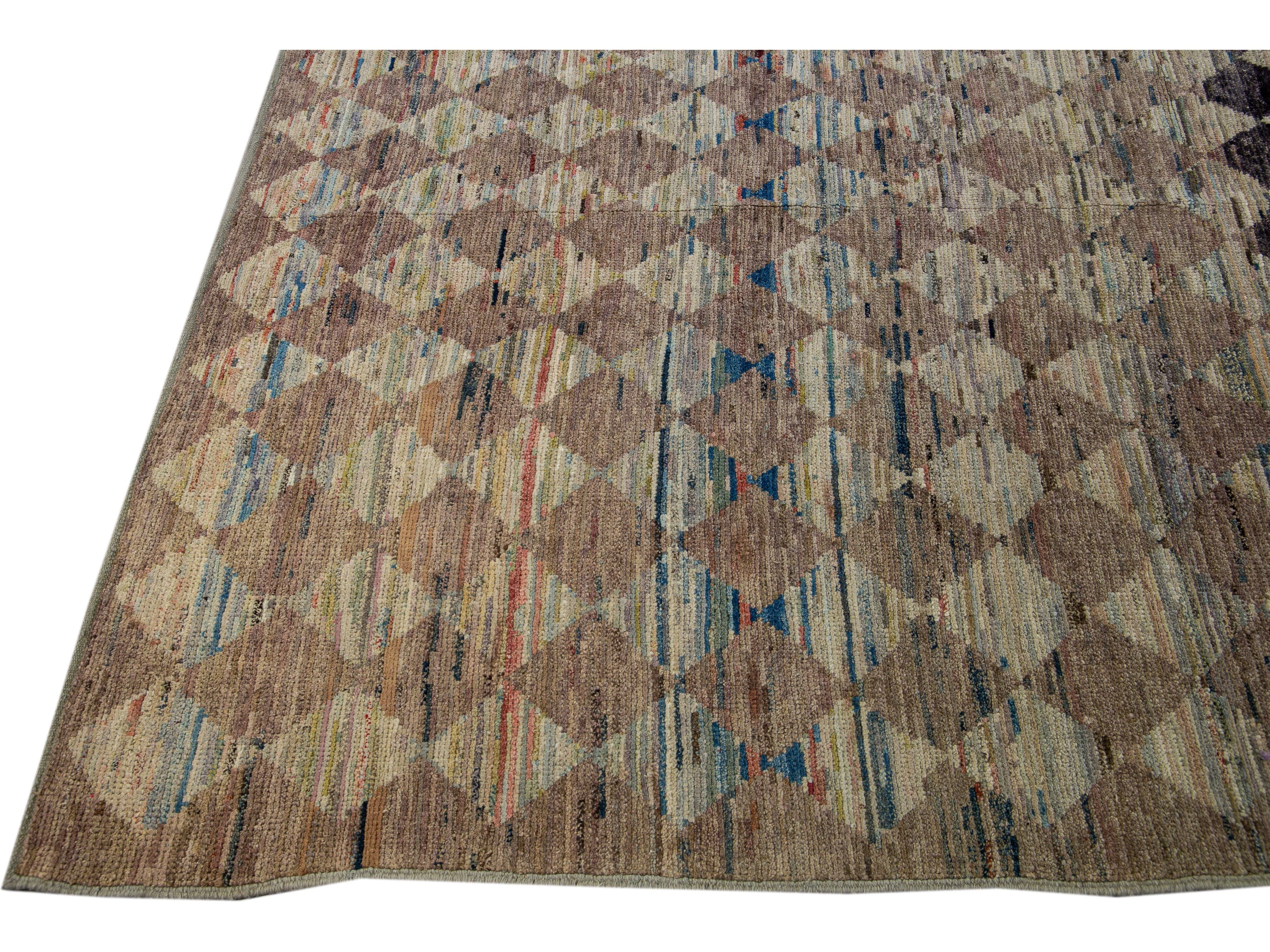  Modern Moroccan Style Handmade Diamond Check Pattern Brown Square Wool Rug