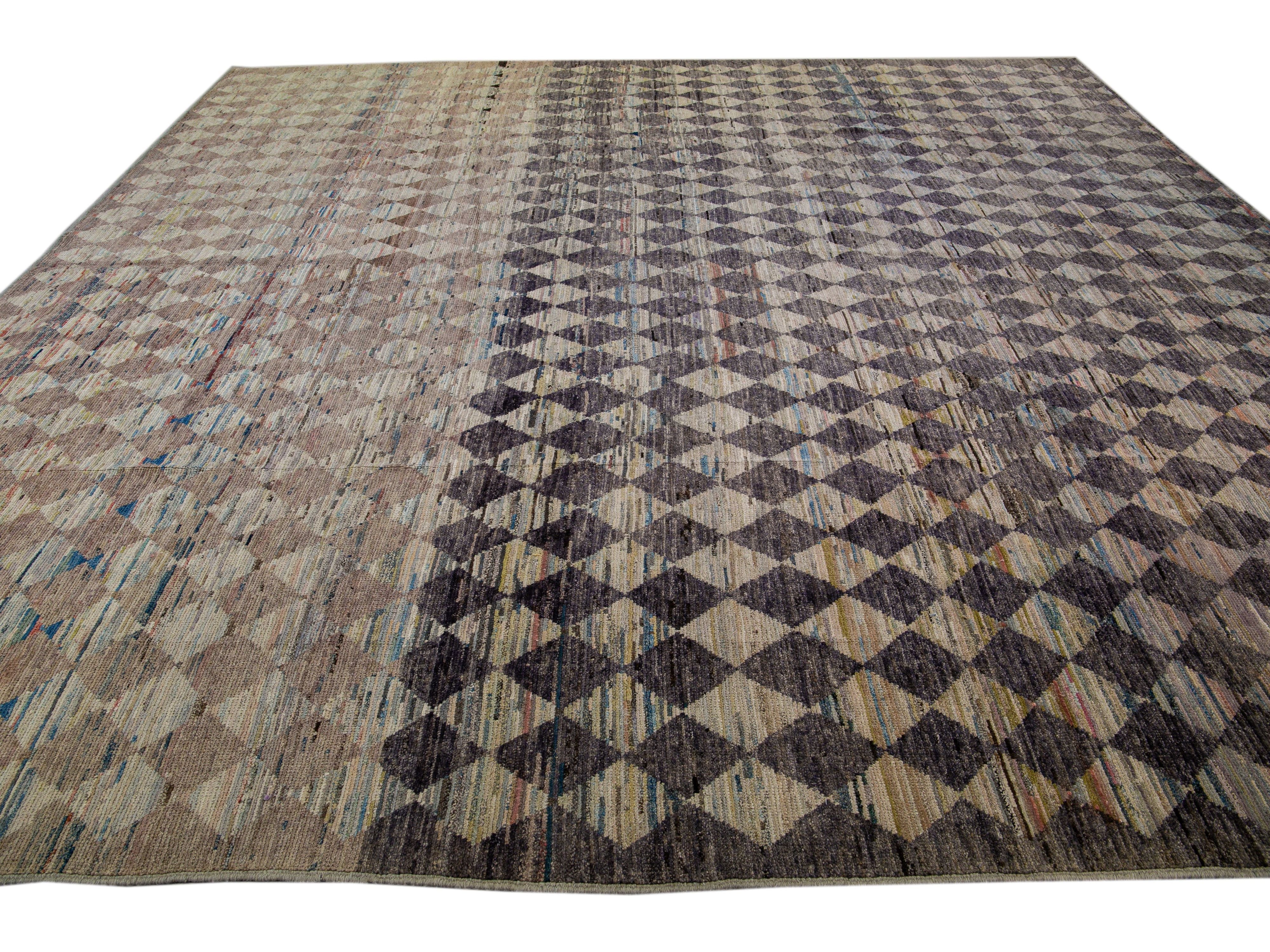  Modern Moroccan Style Handmade Diamond Check Pattern Brown Square Wool Rug