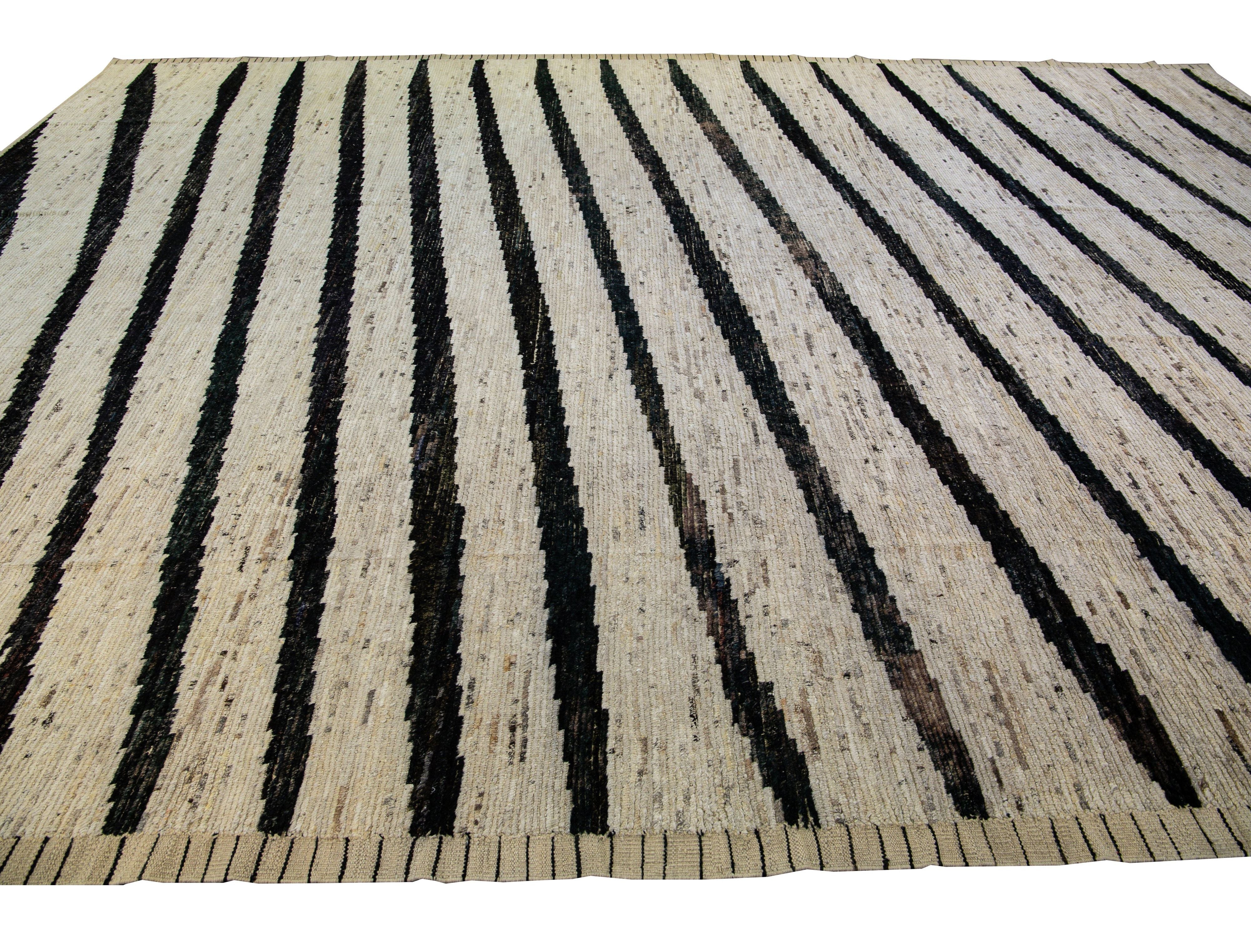Modern Moroccan Style Handmade Geometric Beige Oversize Wool Rug