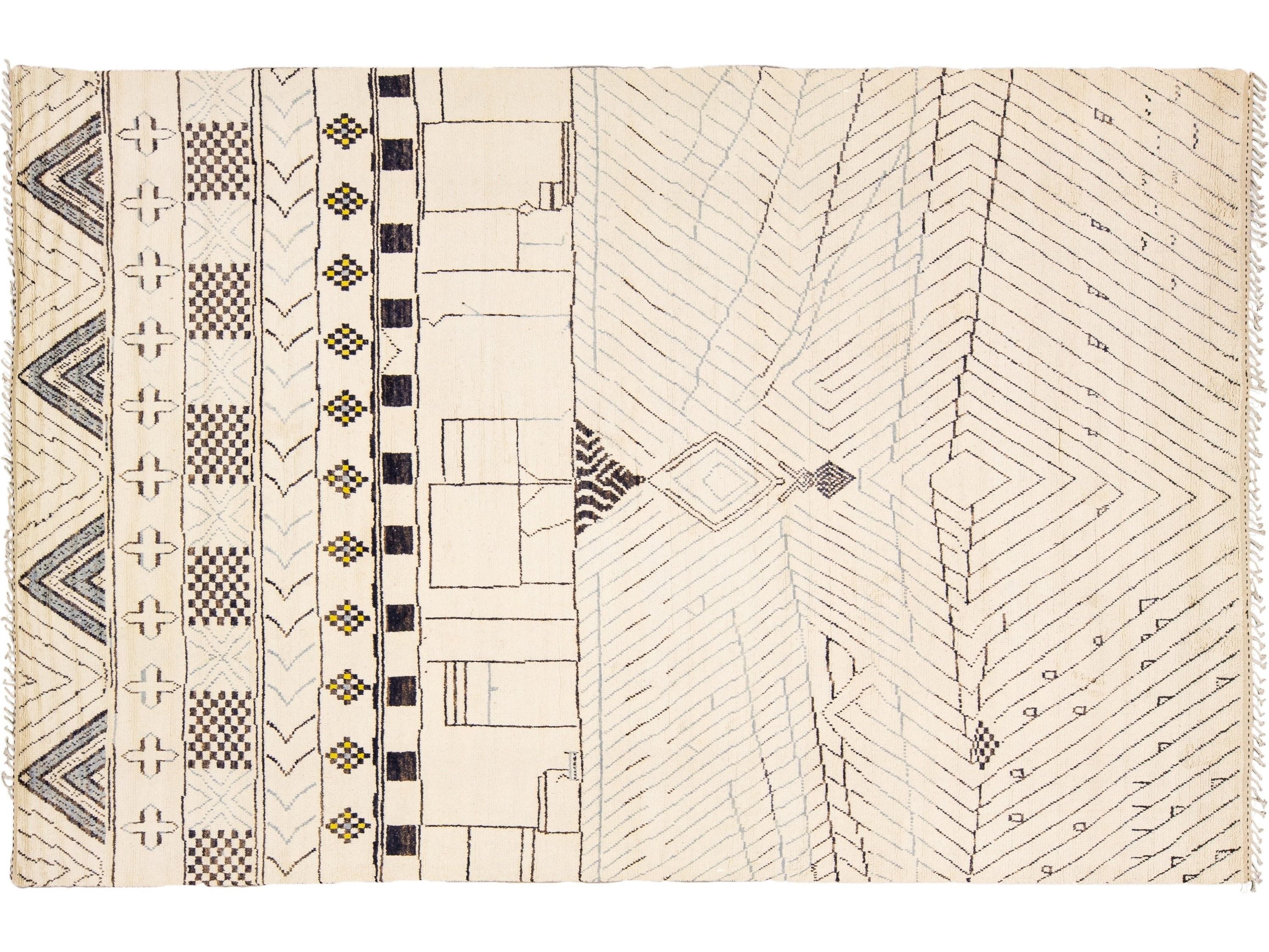 Modern Moroccan Style Handmade Geometric Pattern Beige And Gray Boho Wool Rug
