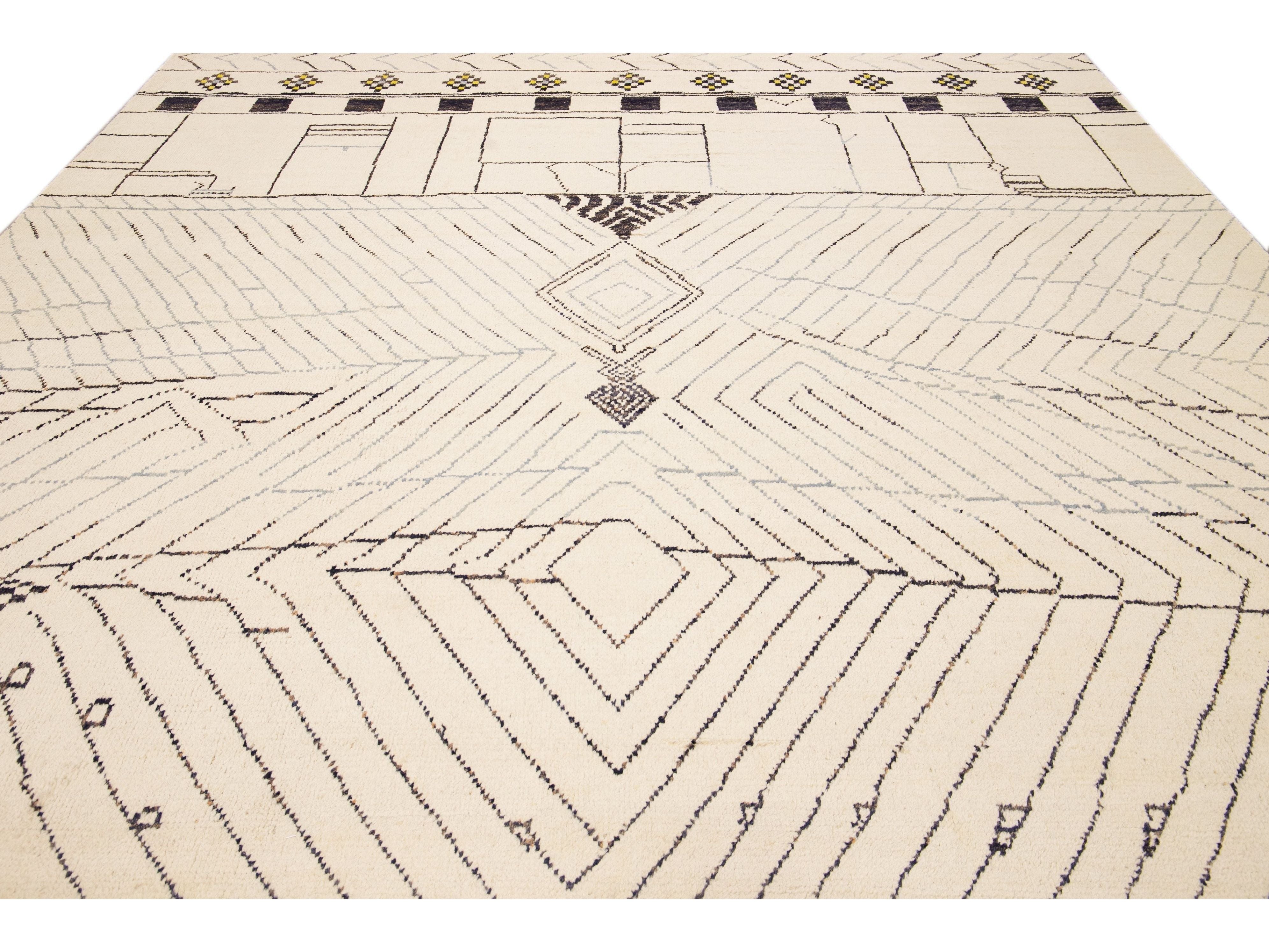 Modern Moroccan Style Handmade Geometric Pattern Beige And Gray Boho Wool Rug