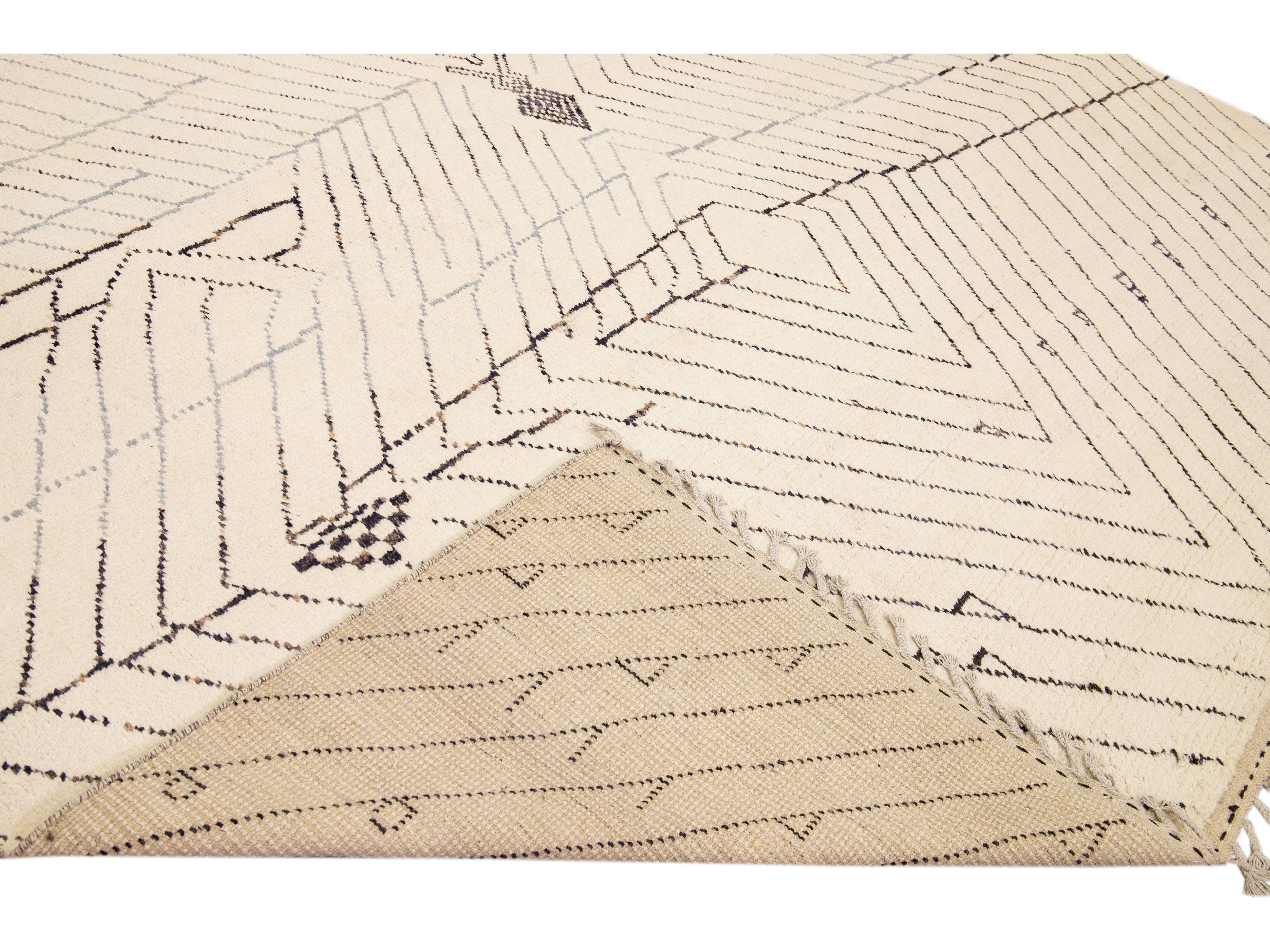Modern Moroccan Style Handmade Geometric Pattern Beige And Gray Boho Wool Rug