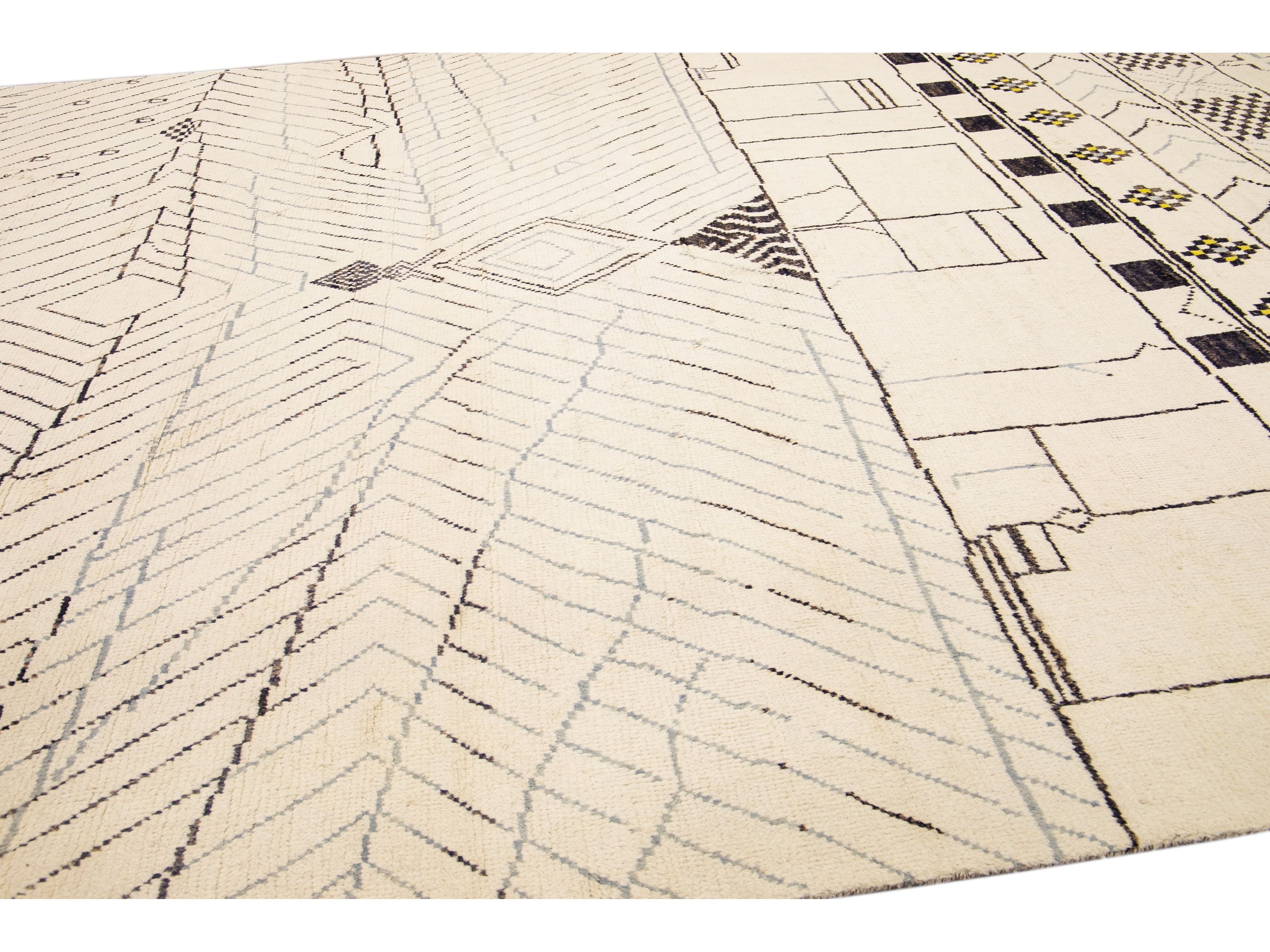 Modern Moroccan Style Handmade Geometric Pattern Beige And Gray Boho Wool Rug