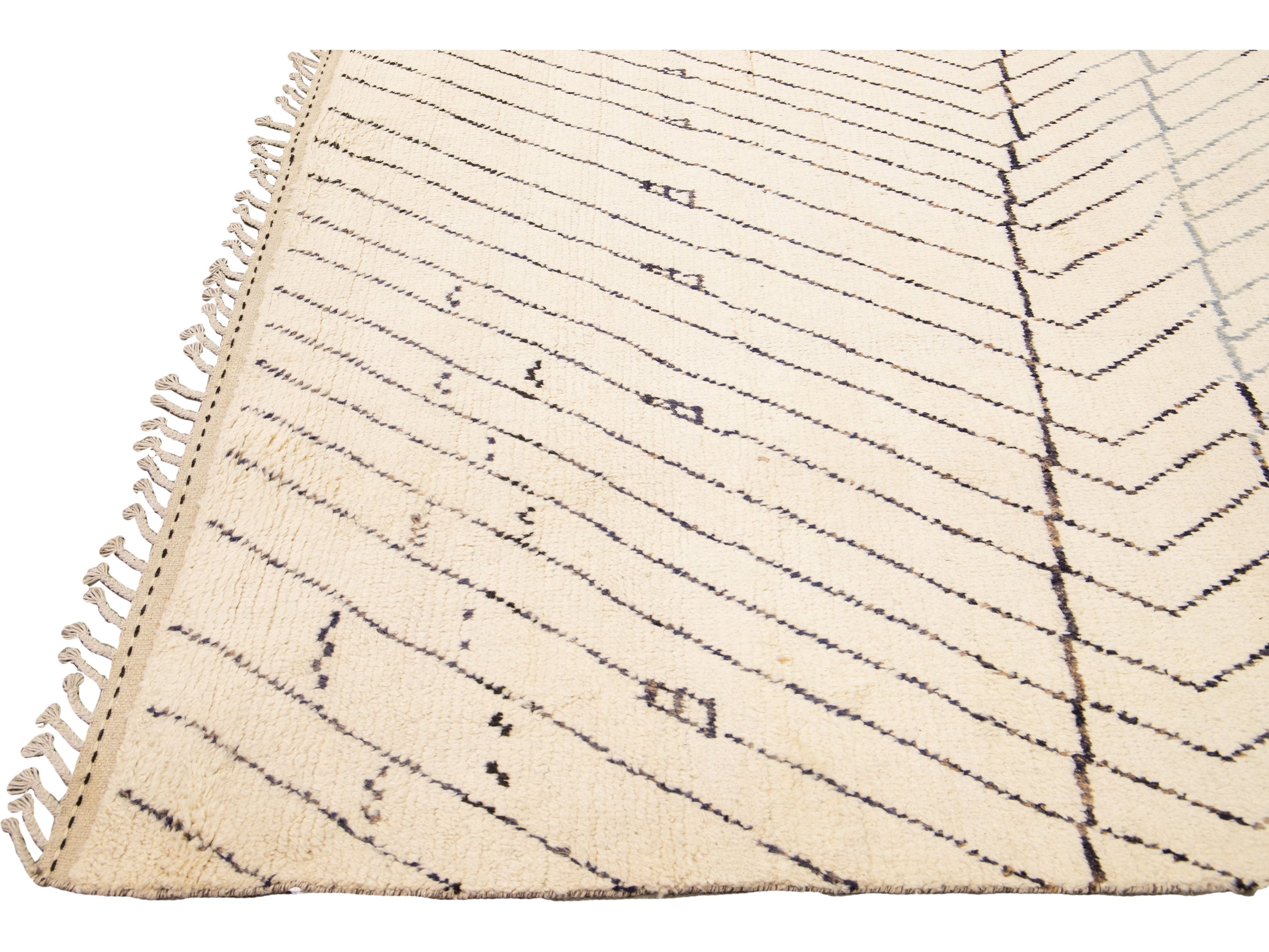 Modern Moroccan Style Handmade Geometric Pattern Beige And Gray Boho Wool Rug