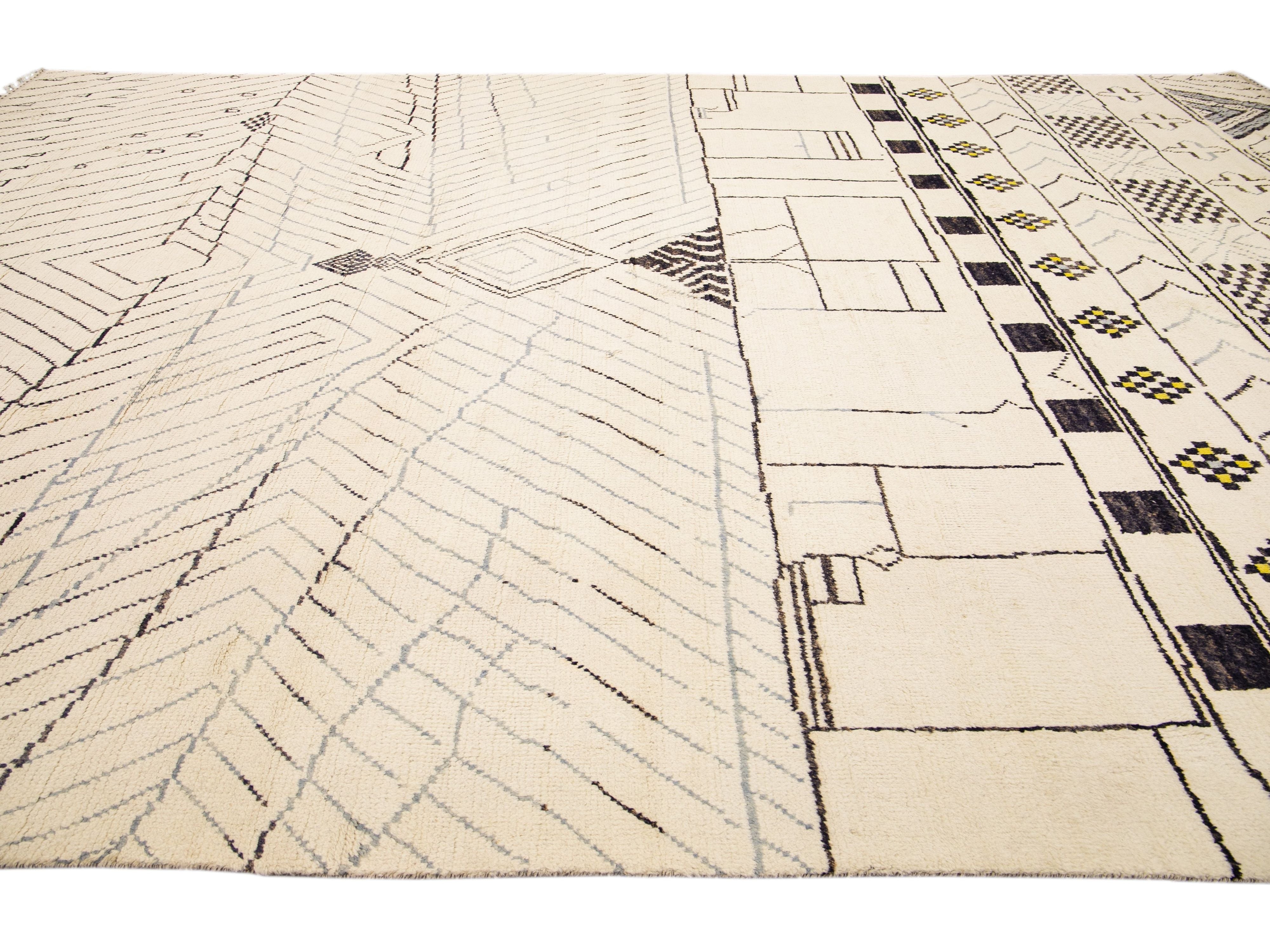 Modern Moroccan Style Handmade Geometric Pattern Beige And Gray Boho Wool Rug