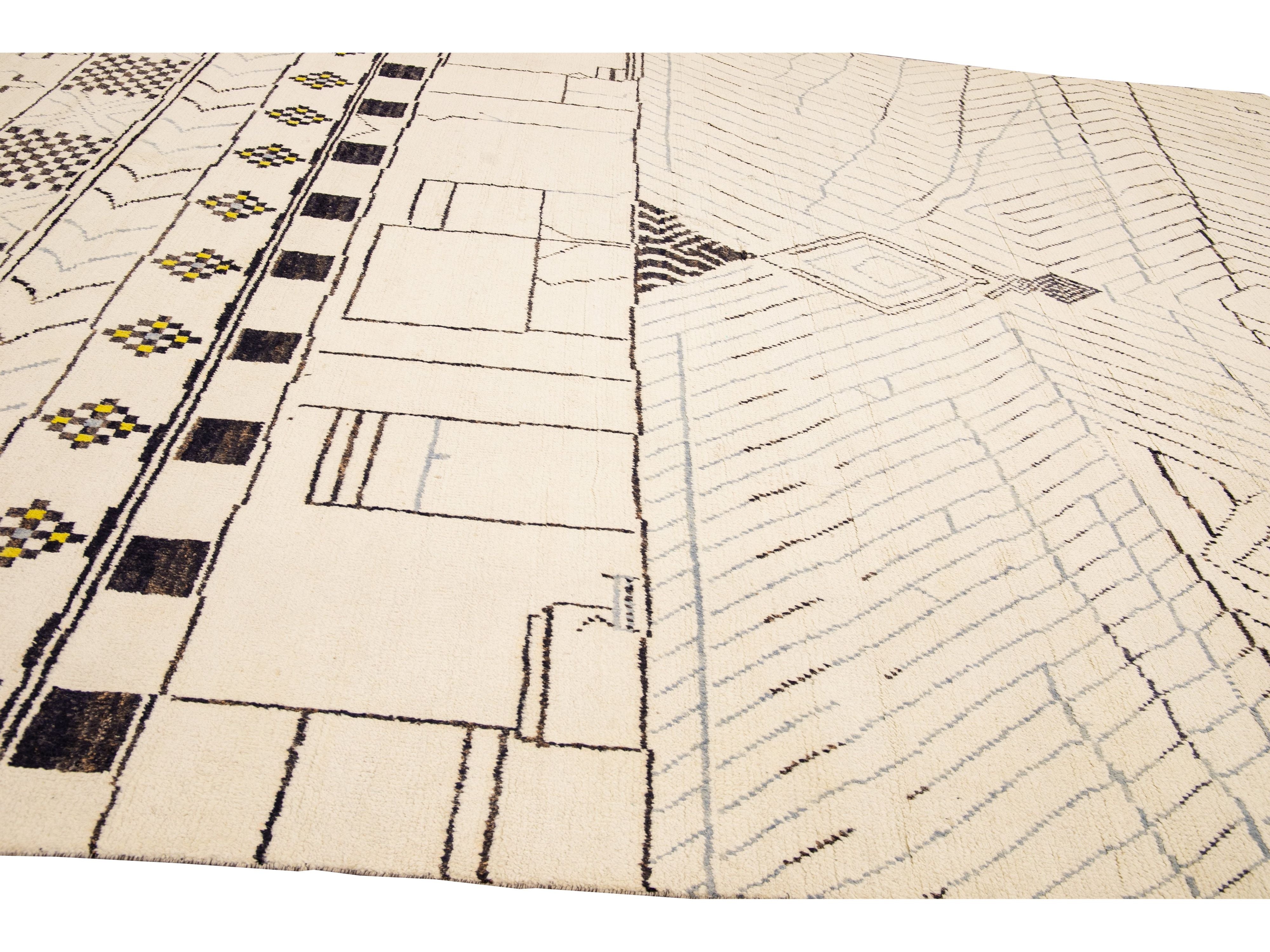 Modern Moroccan Style Handmade Geometric Pattern Beige And Gray Boho Wool Rug
