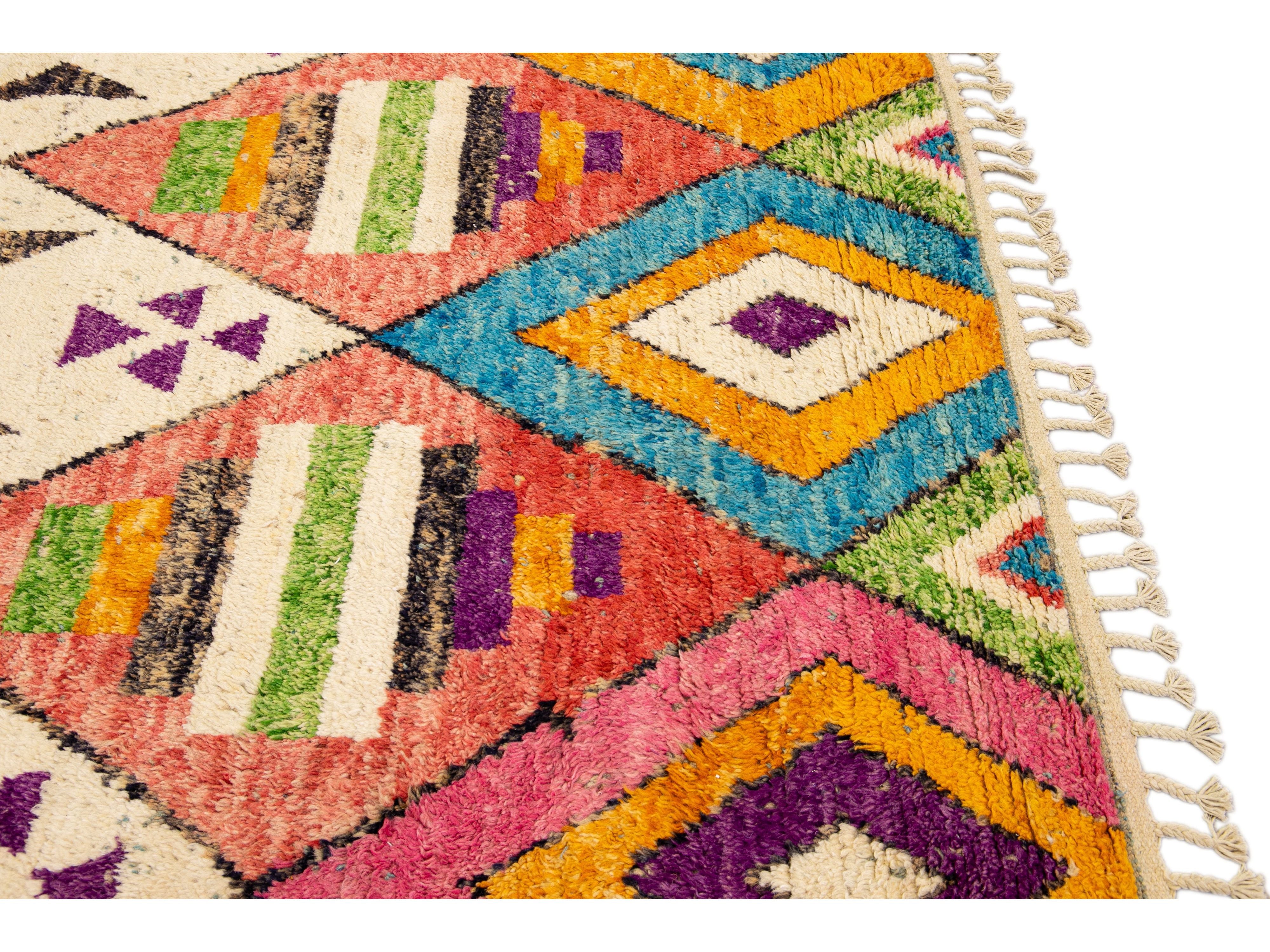 Modern Moroccan Style Handmade Multicolor Tribal Blue Boho Wool Rug
