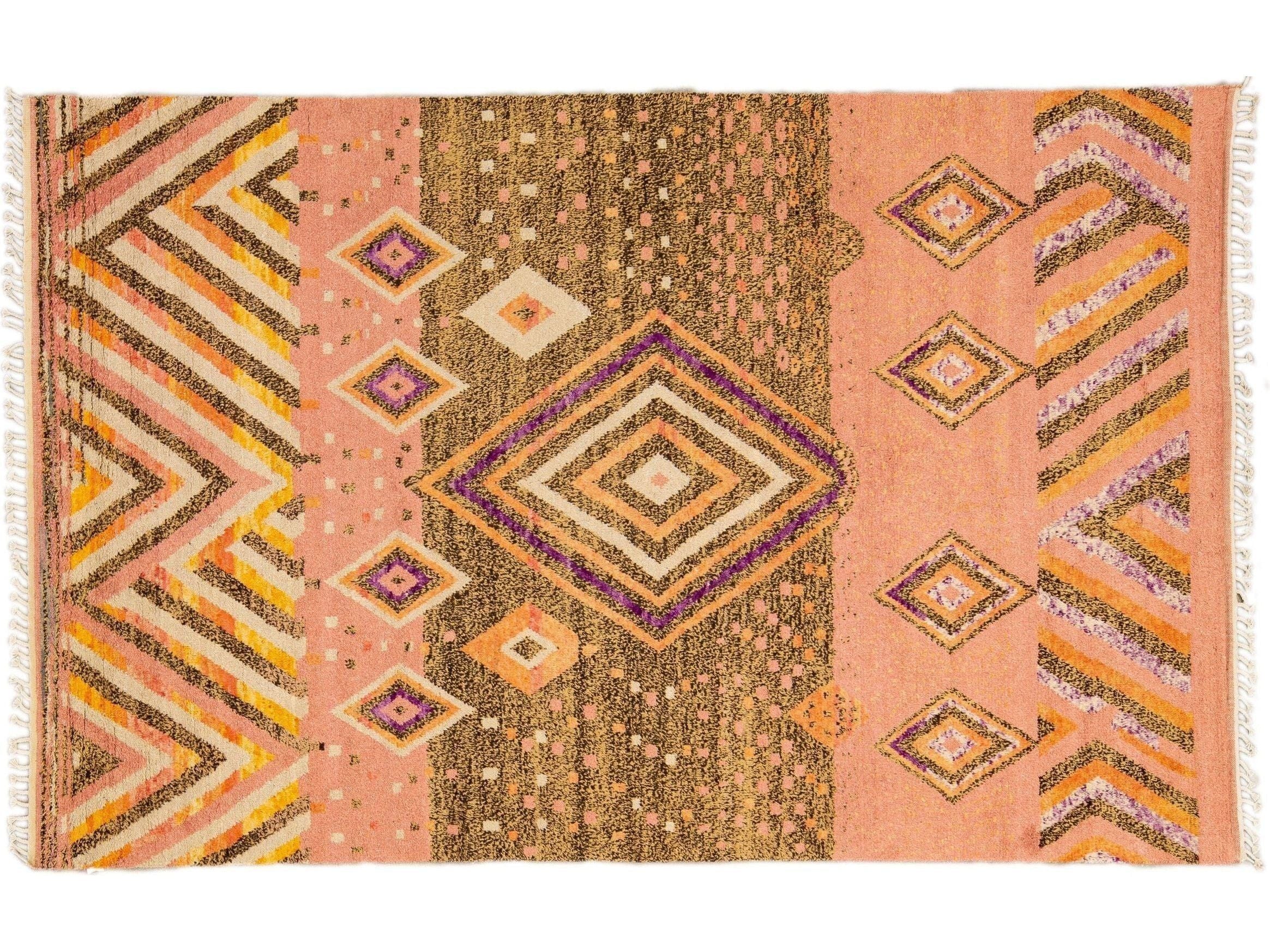 Modern Moroccan Style Handmade Geometric Designed Peach Boho Wool Rug