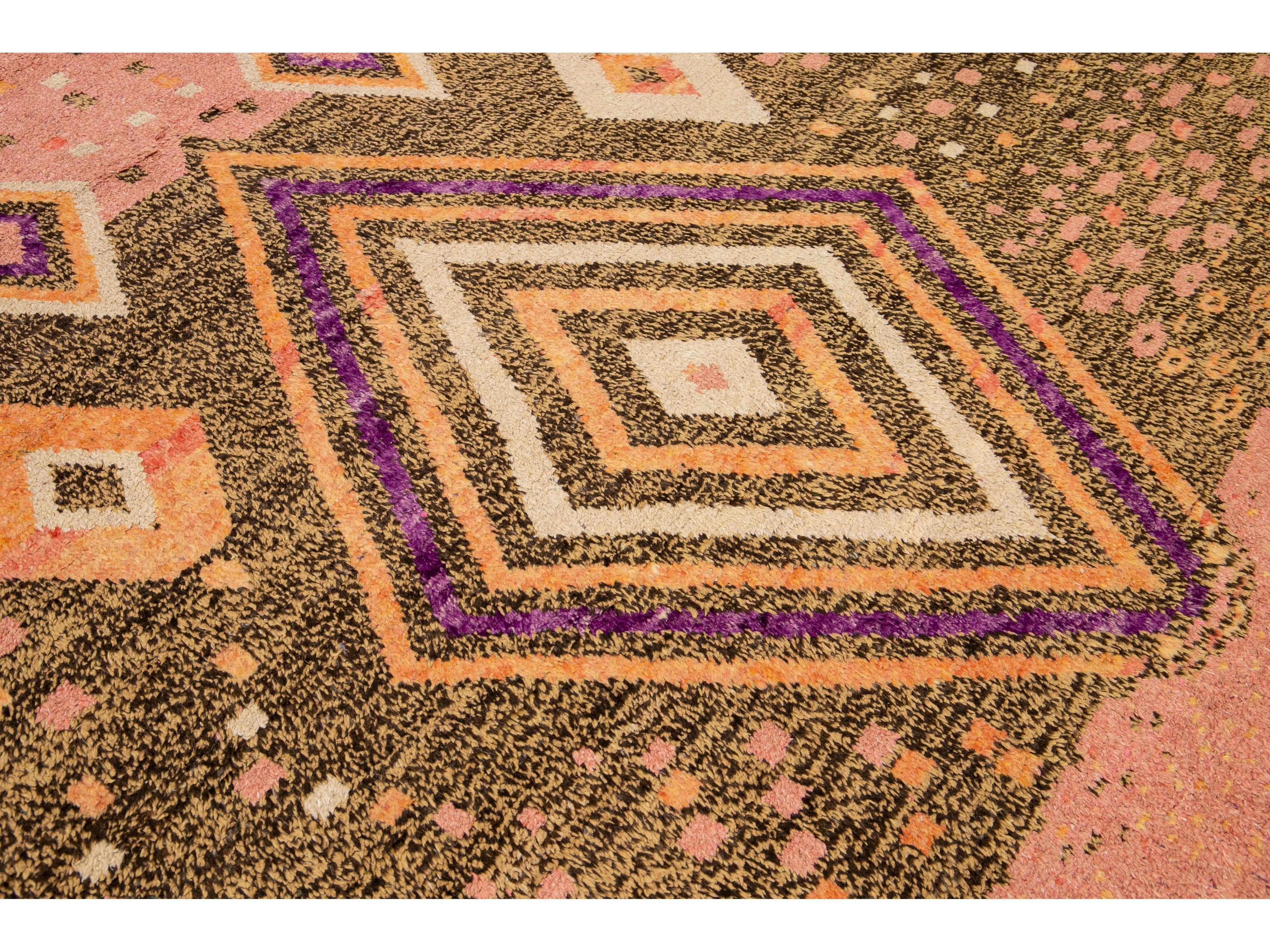 Modern Moroccan Style Handmade Geometric Designed Peach Boho Wool Rug