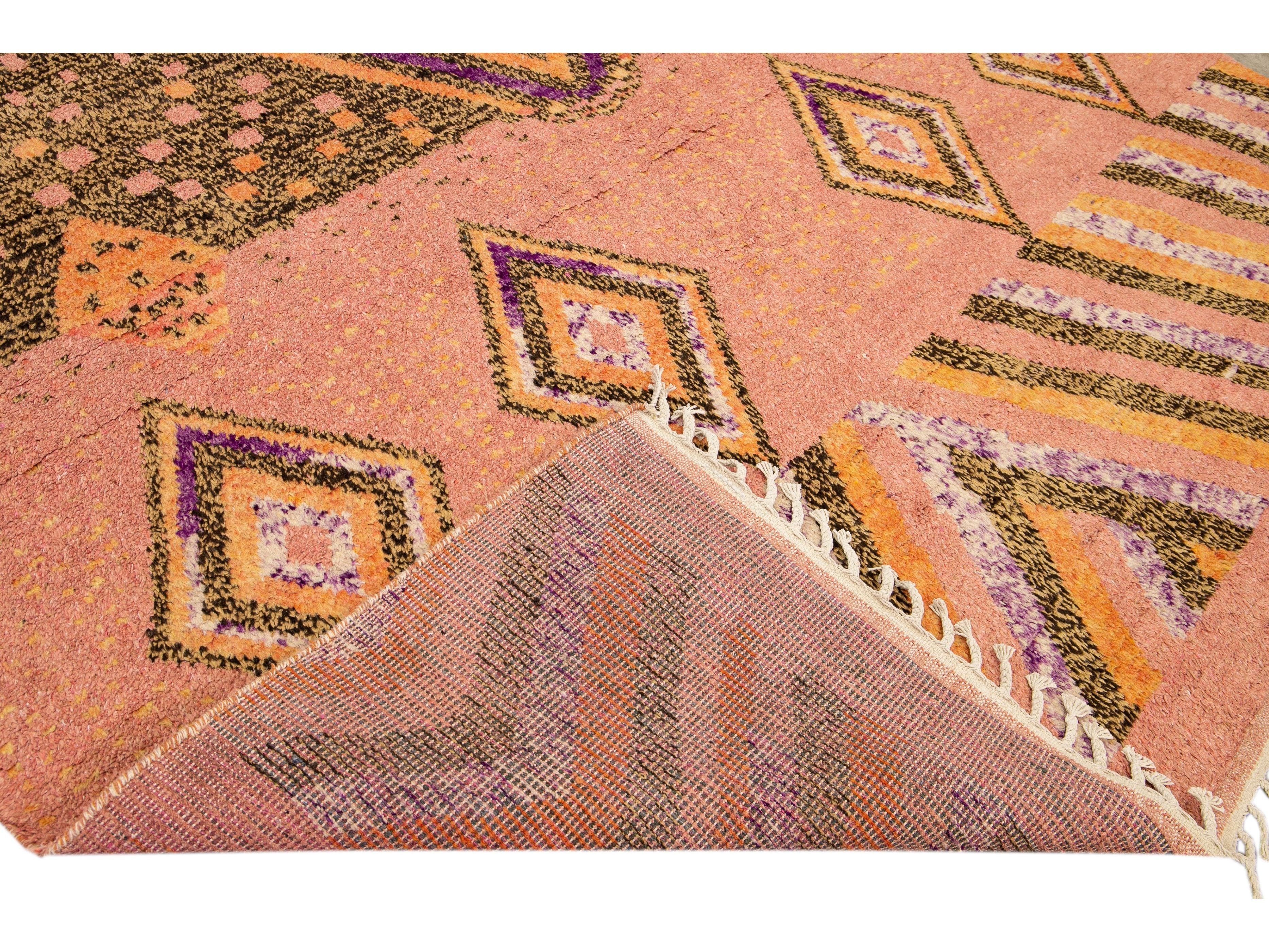 Modern Moroccan Style Handmade Geometric Designed Peach Boho Wool Rug