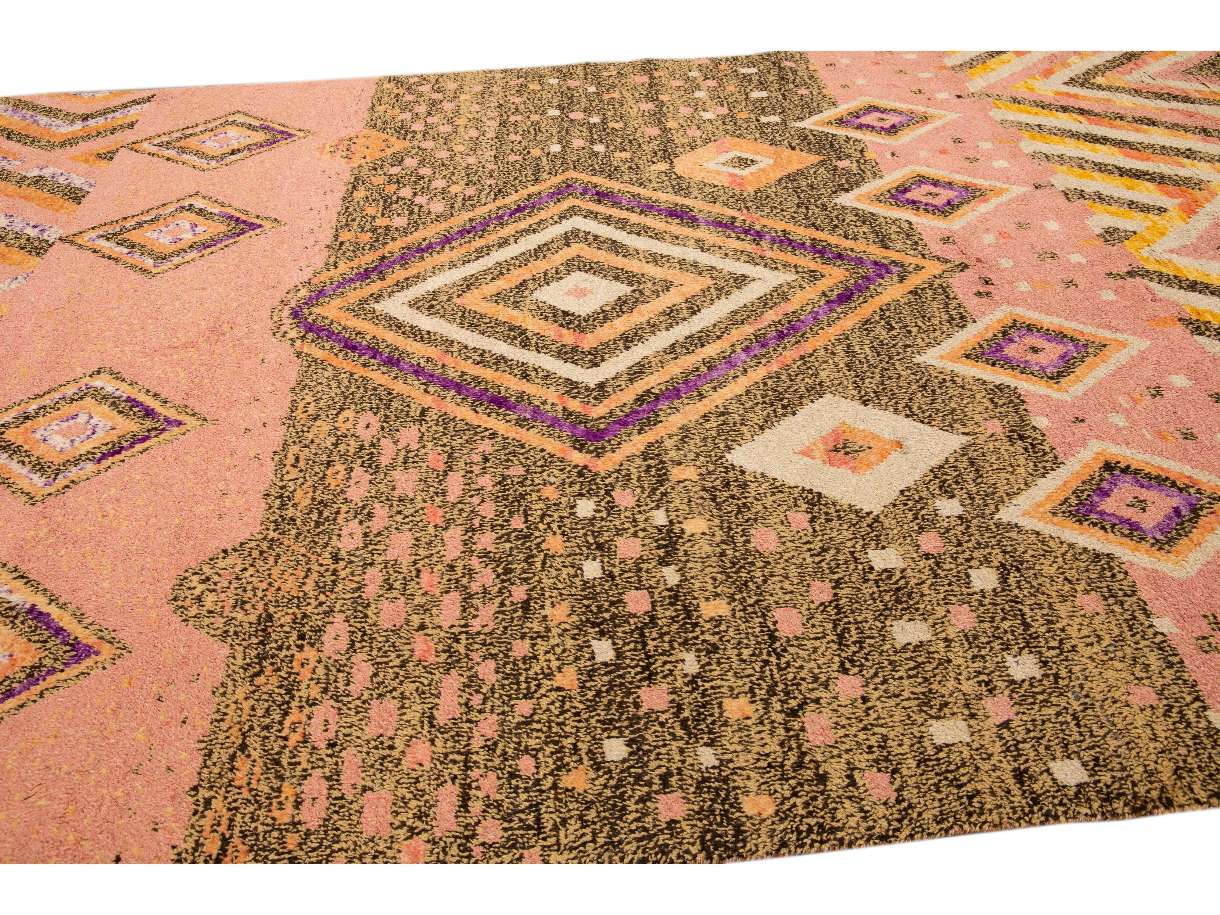 Modern Moroccan Style Handmade Geometric Designed Peach Boho Wool Rug