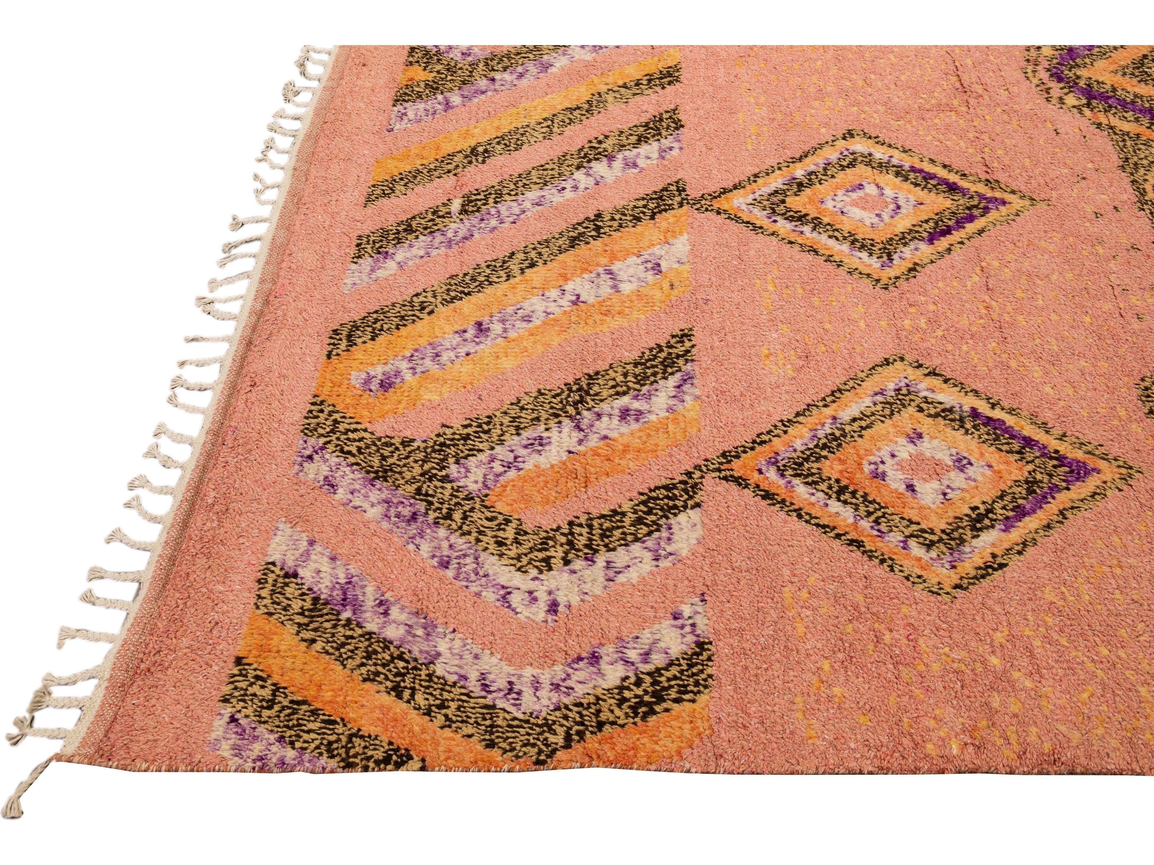 Modern Moroccan Style Handmade Geometric Designed Peach Boho Wool Rug