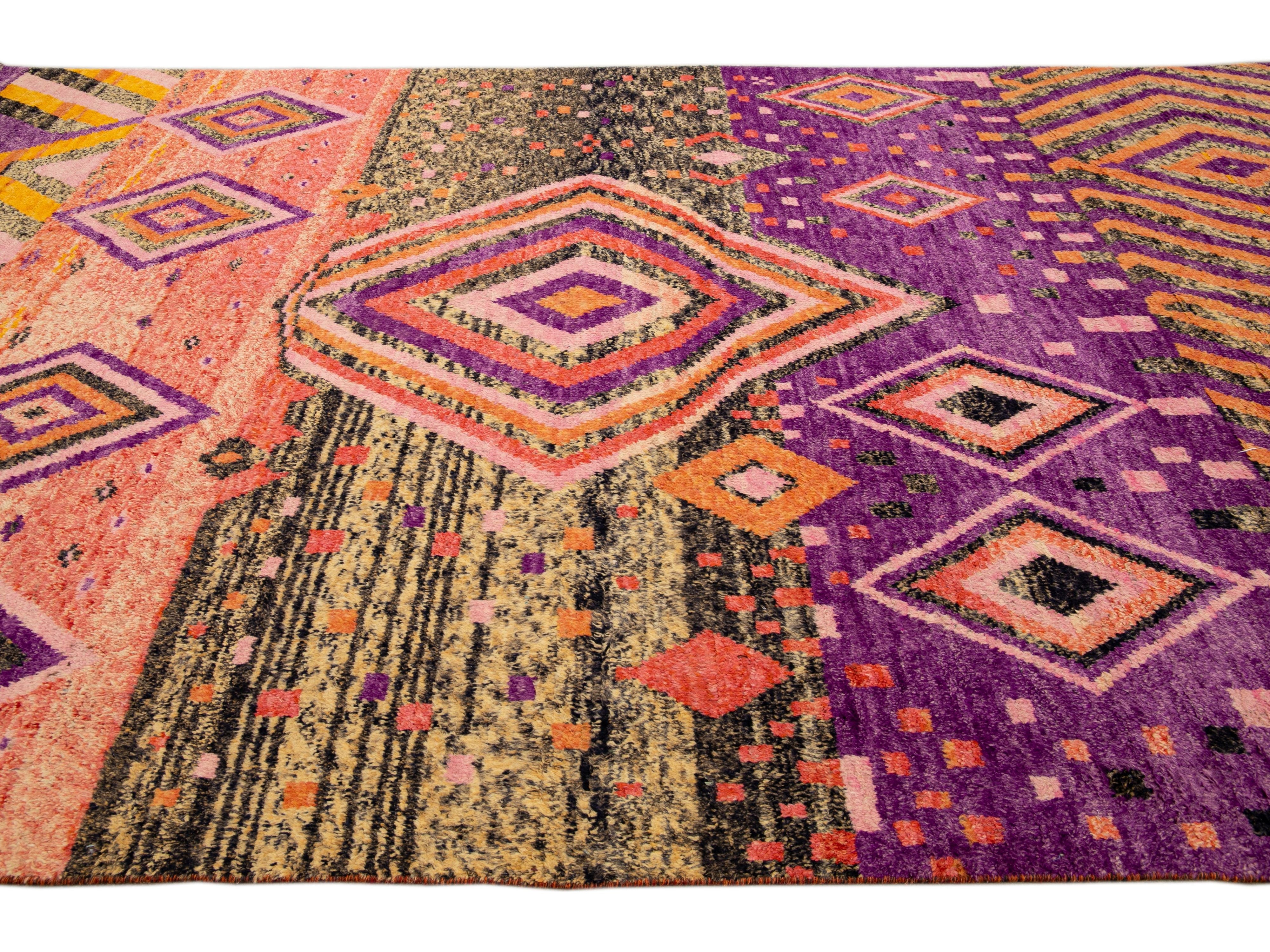 Modern Oversize Moroccan Style Handmade Purple and Peach Boho Designed Wool Rug