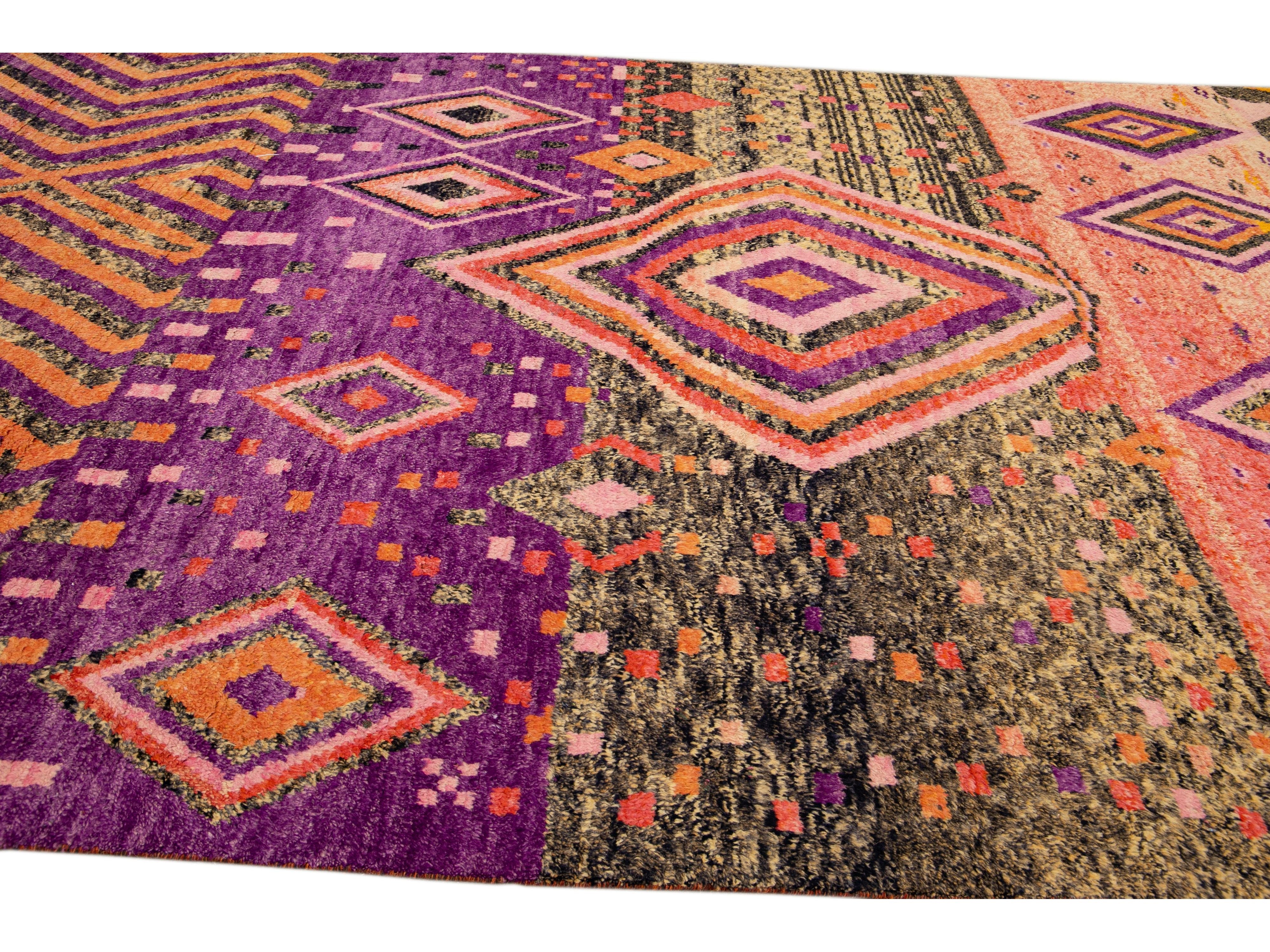 Modern Oversize Moroccan Style Handmade Purple and Peach Boho Designed Wool Rug