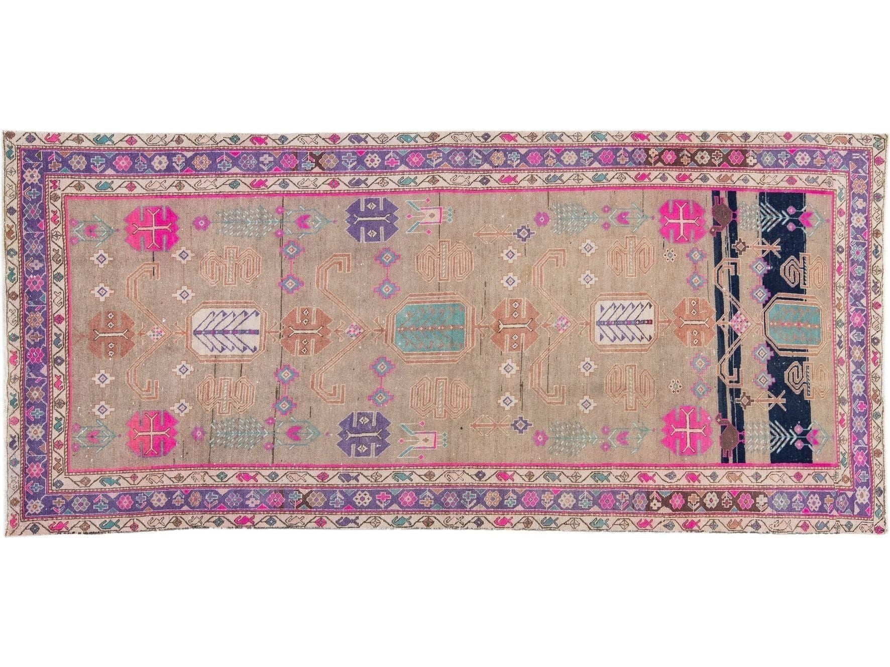 Vintage Persian Malayer Tan Handmade Wool Runner with Geometric Motif