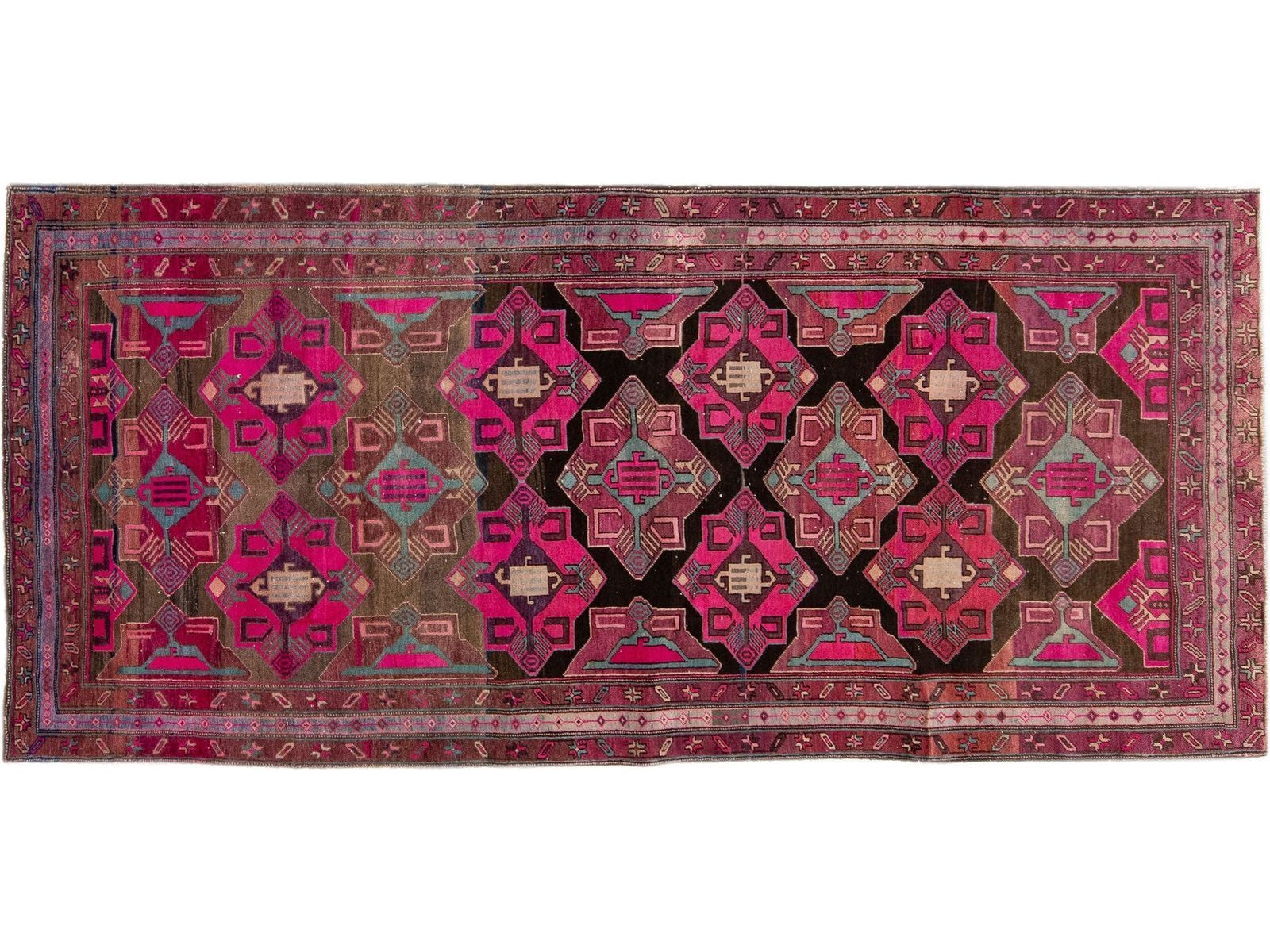 Vintage Persian Malayer Brown & Pink Handmade Wool Runner with Allover Design