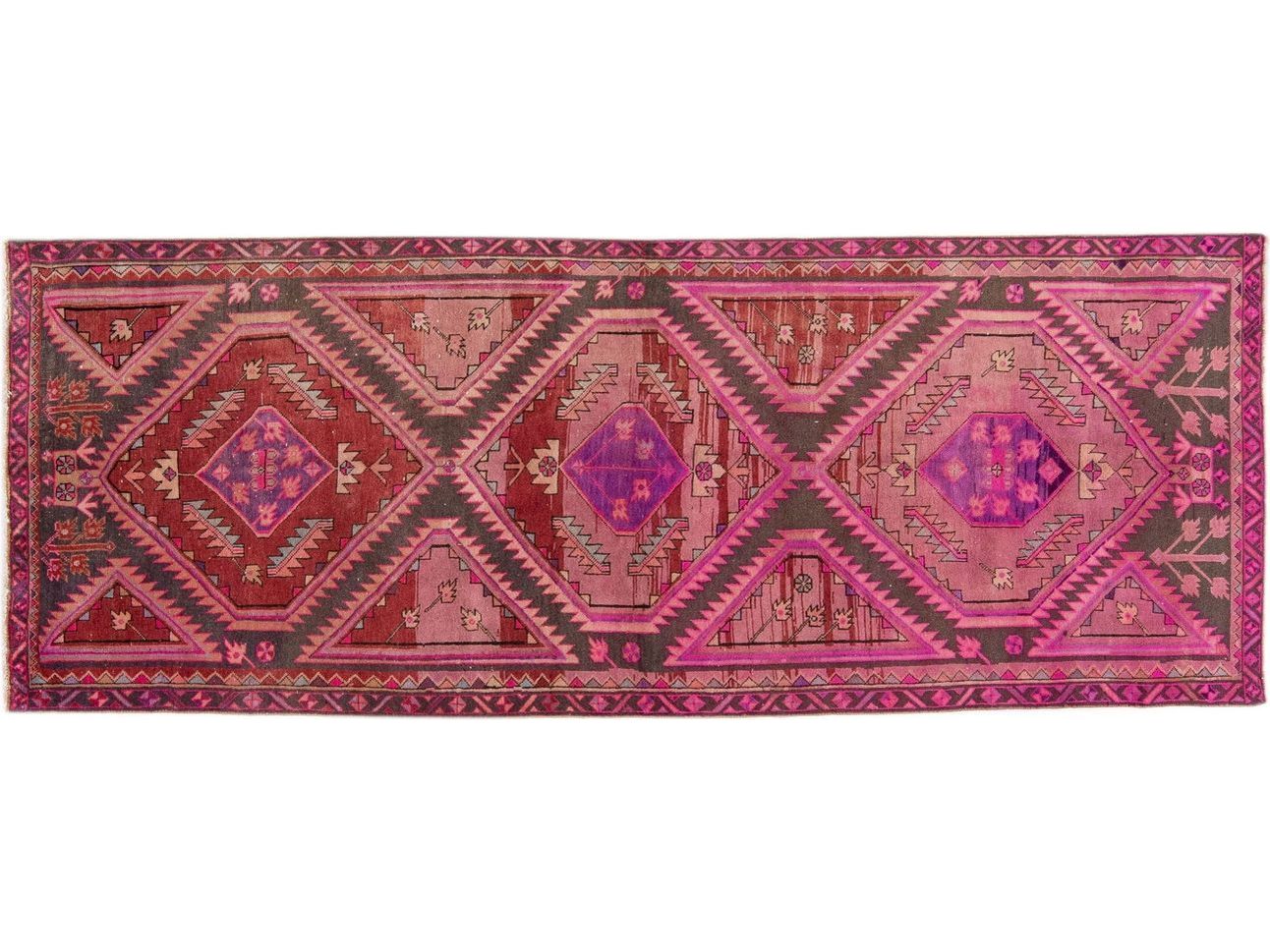 Vintage Persian Malayer Pink Handmade Wool Runner with Tribal Design