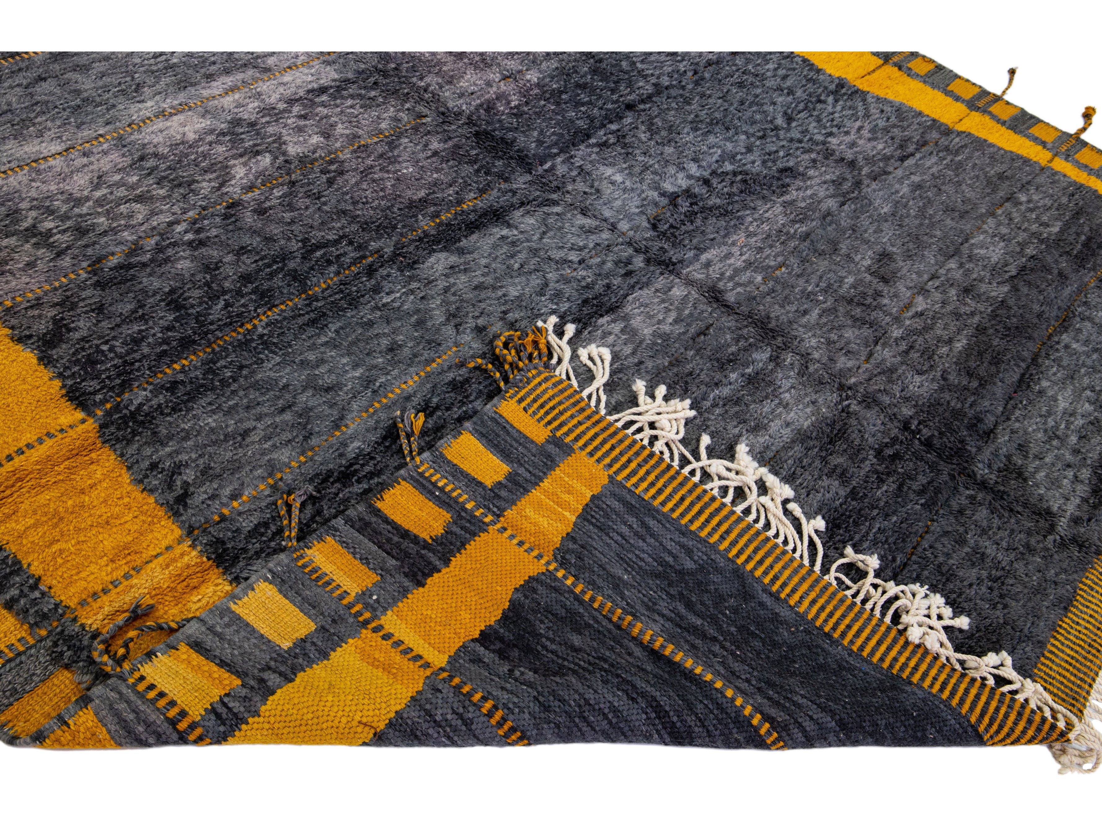 Modern Moroccan Handmade Gray and Yellow Wool Rug With Geometric Design