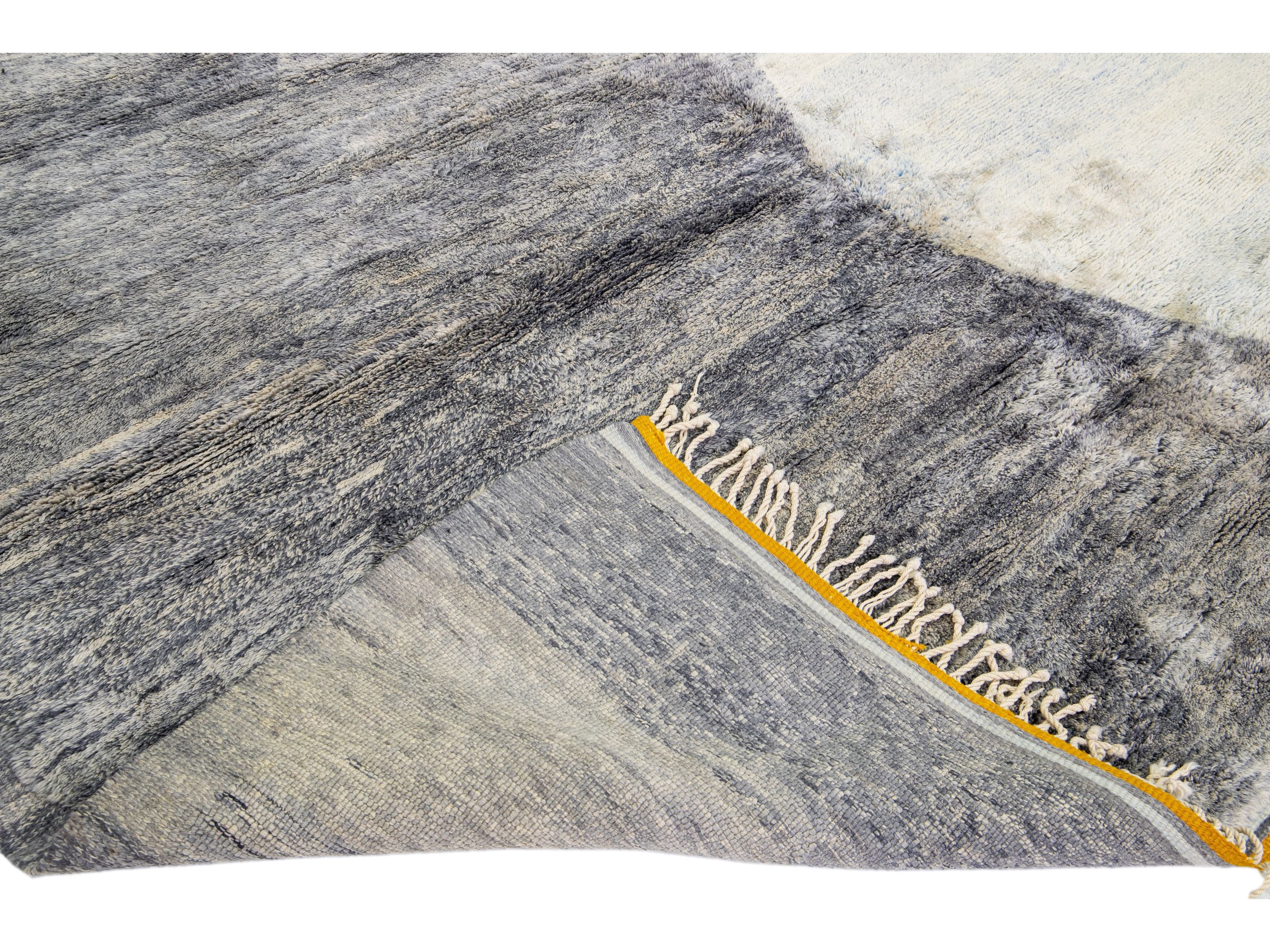 Abstract Modern Moroccan Handmade Gray Wool Rug