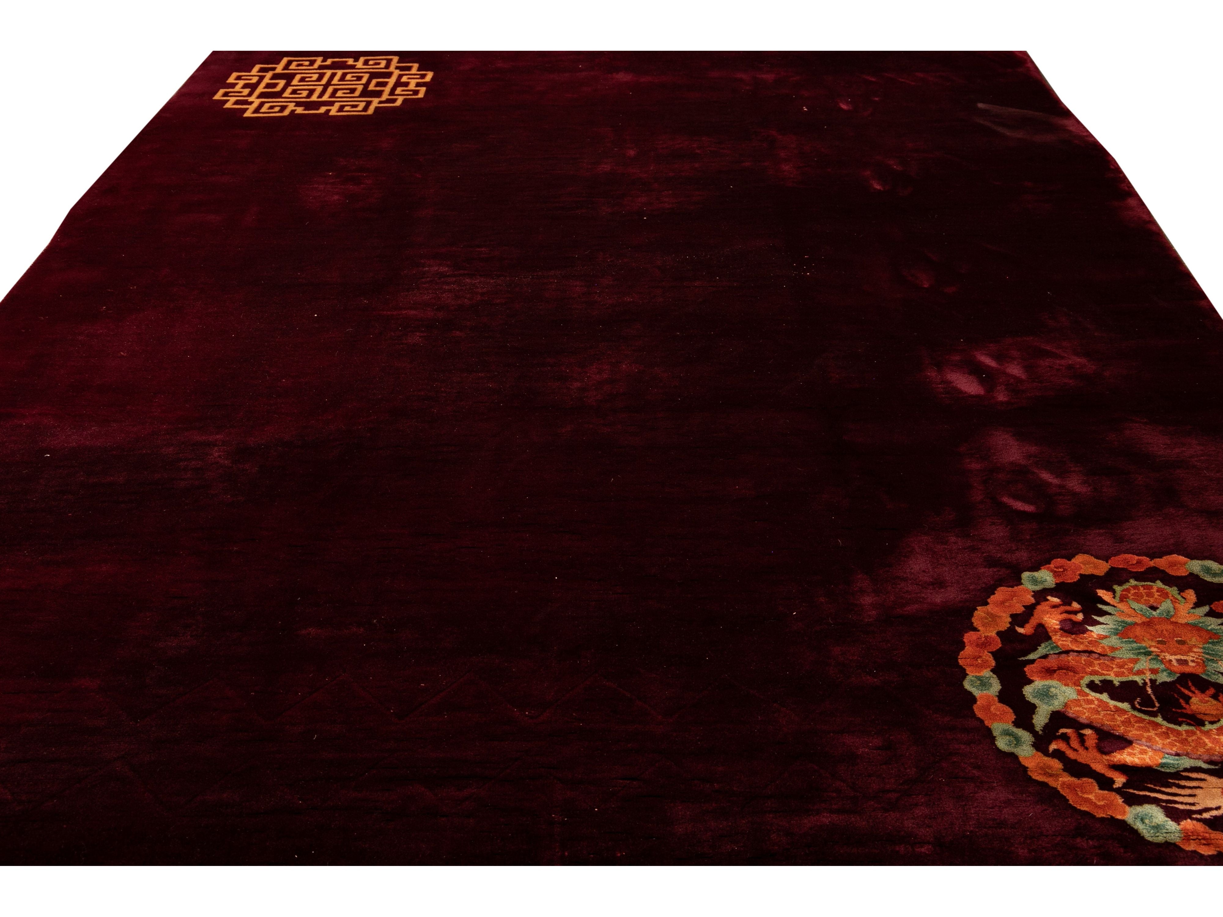 Antique Art Deco Red Handmade Chinese Dragon Design Wool Rug