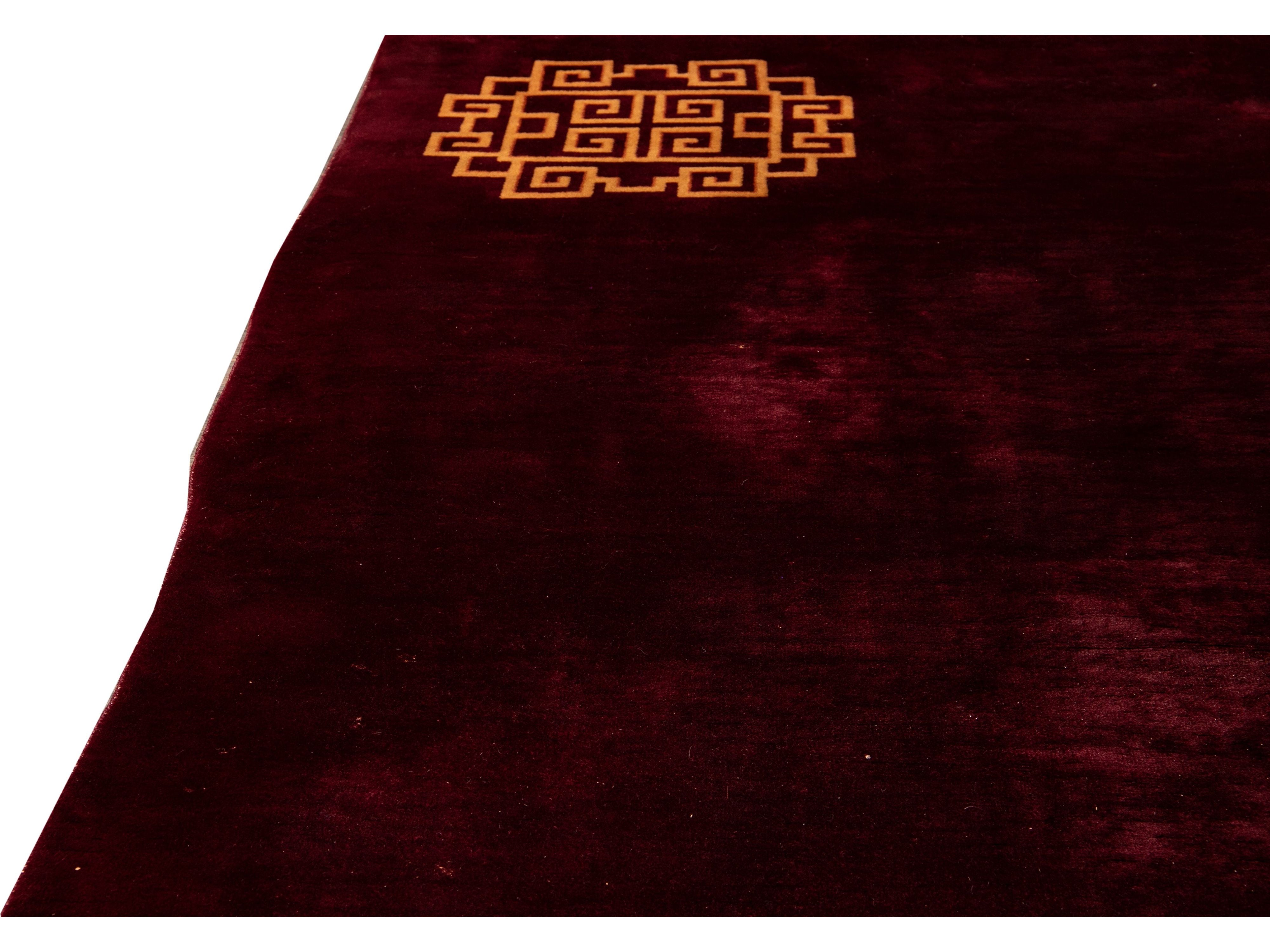 Antique Art Deco Red Handmade Chinese Dragon Design Wool Rug