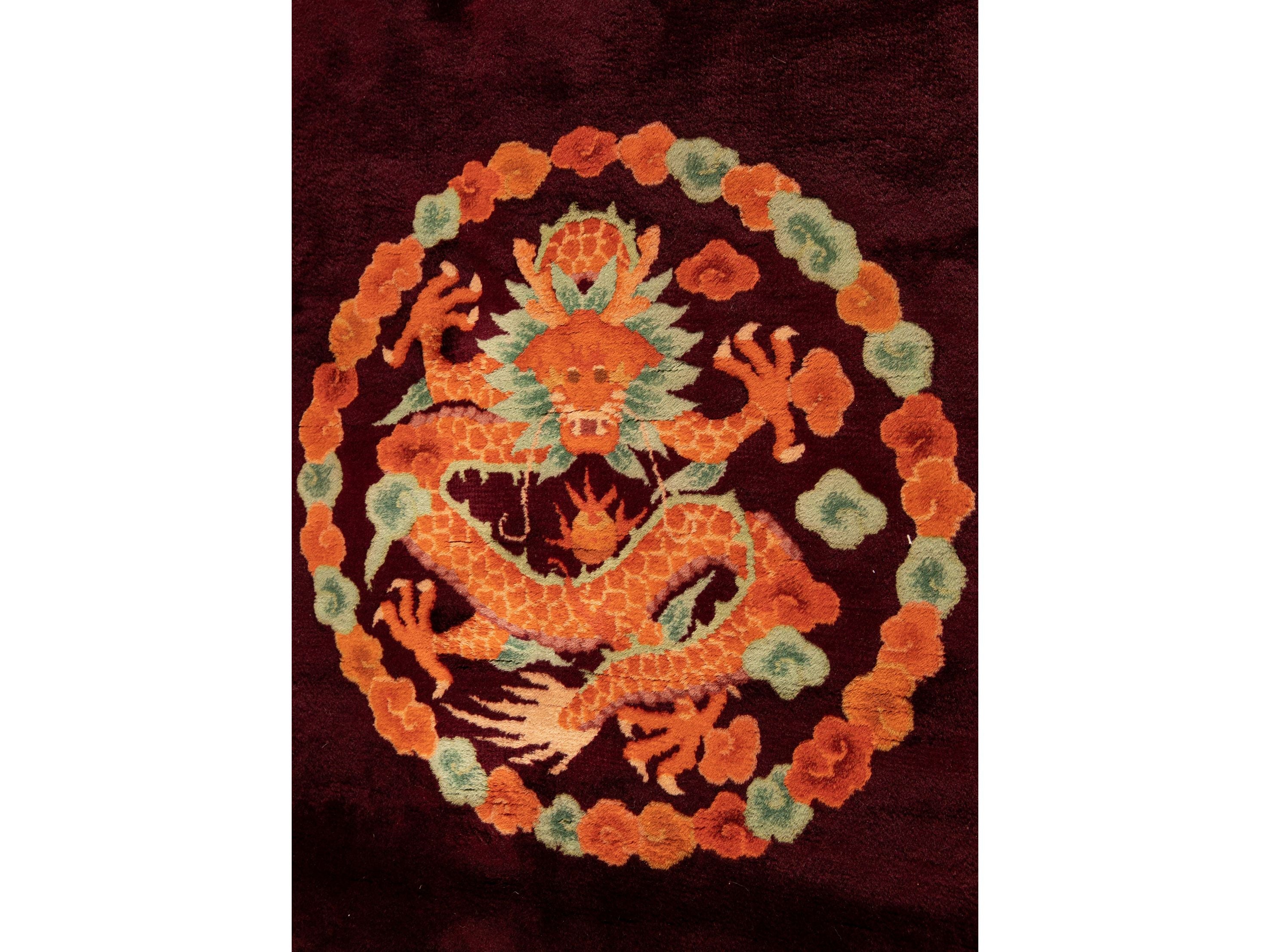 Antique Art Deco Red Handmade Chinese Dragon Design Wool Rug