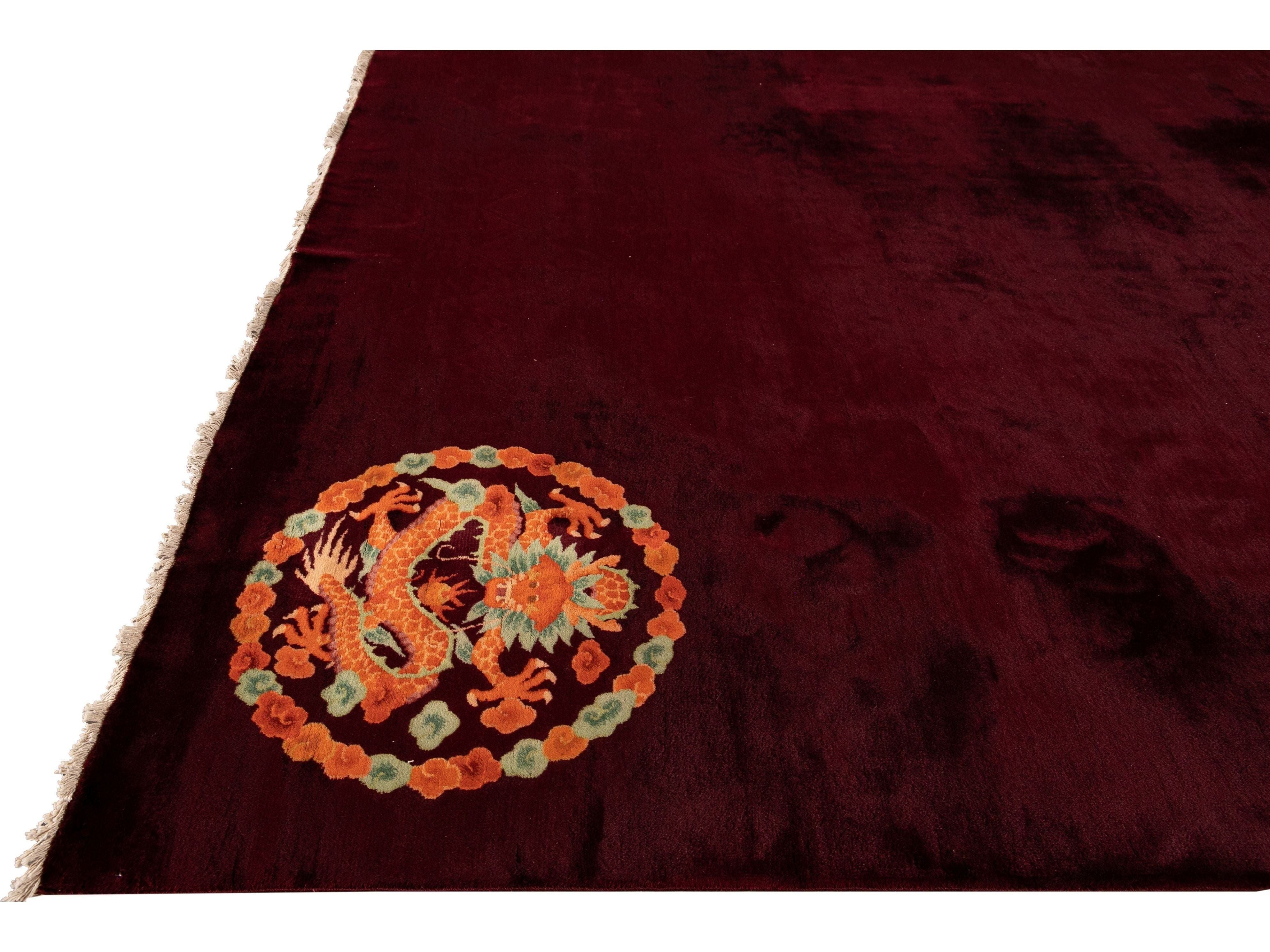 Antique Art Deco Red Handmade Chinese Dragon Design Wool Rug