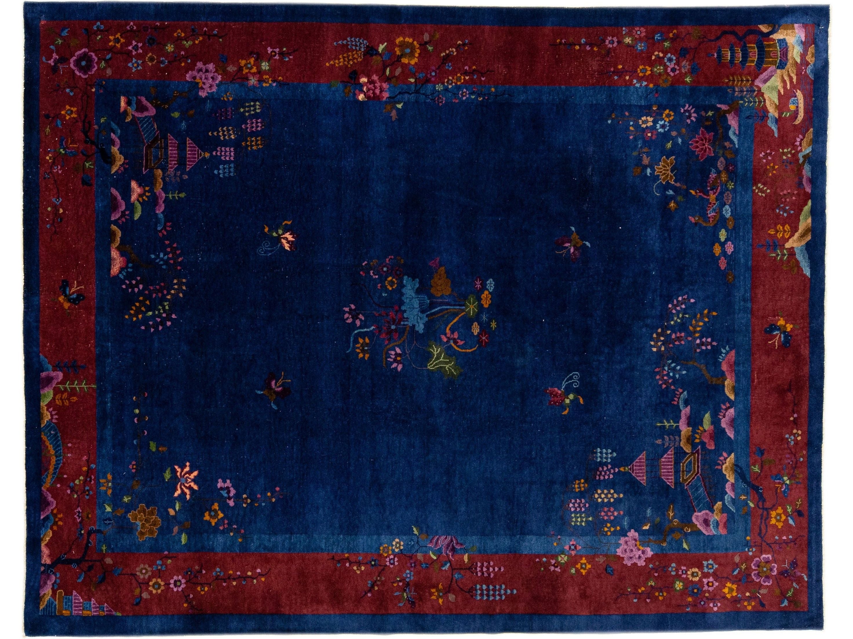 20th Century Antique Art Deco Handmade Blue Chinese Wool Rug Floral Design