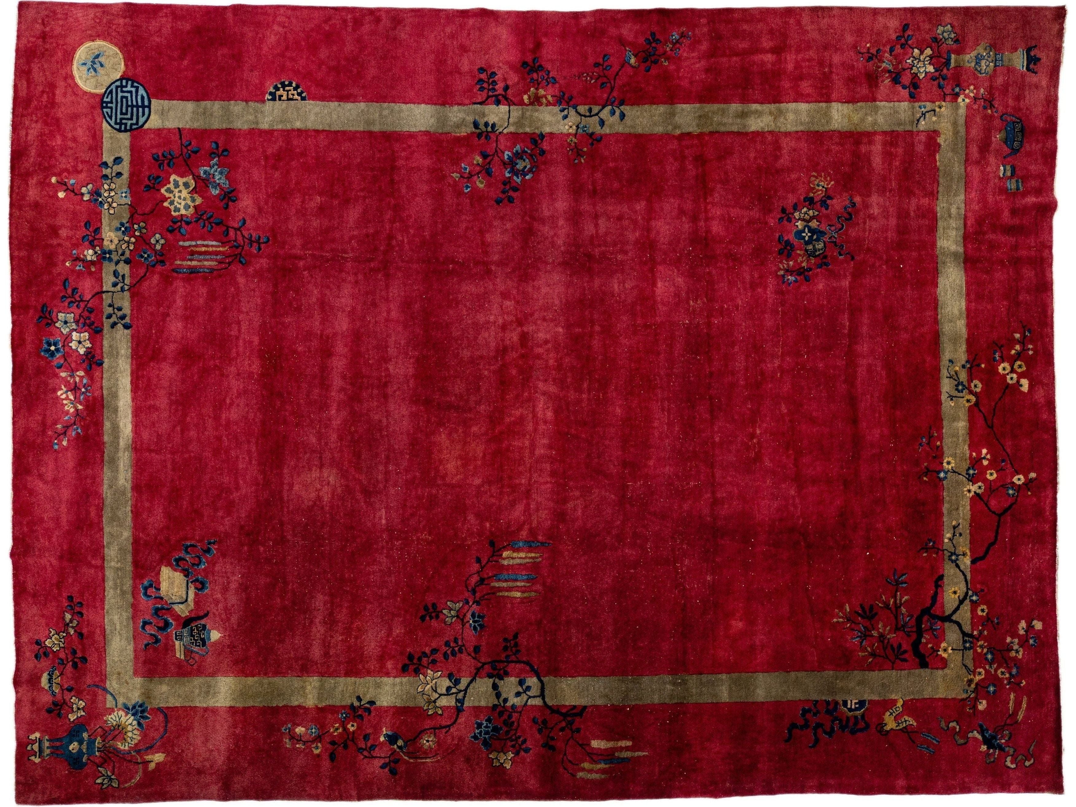 Red Antique Art Deco Handmade Floral Designed Chinese Wool Rug