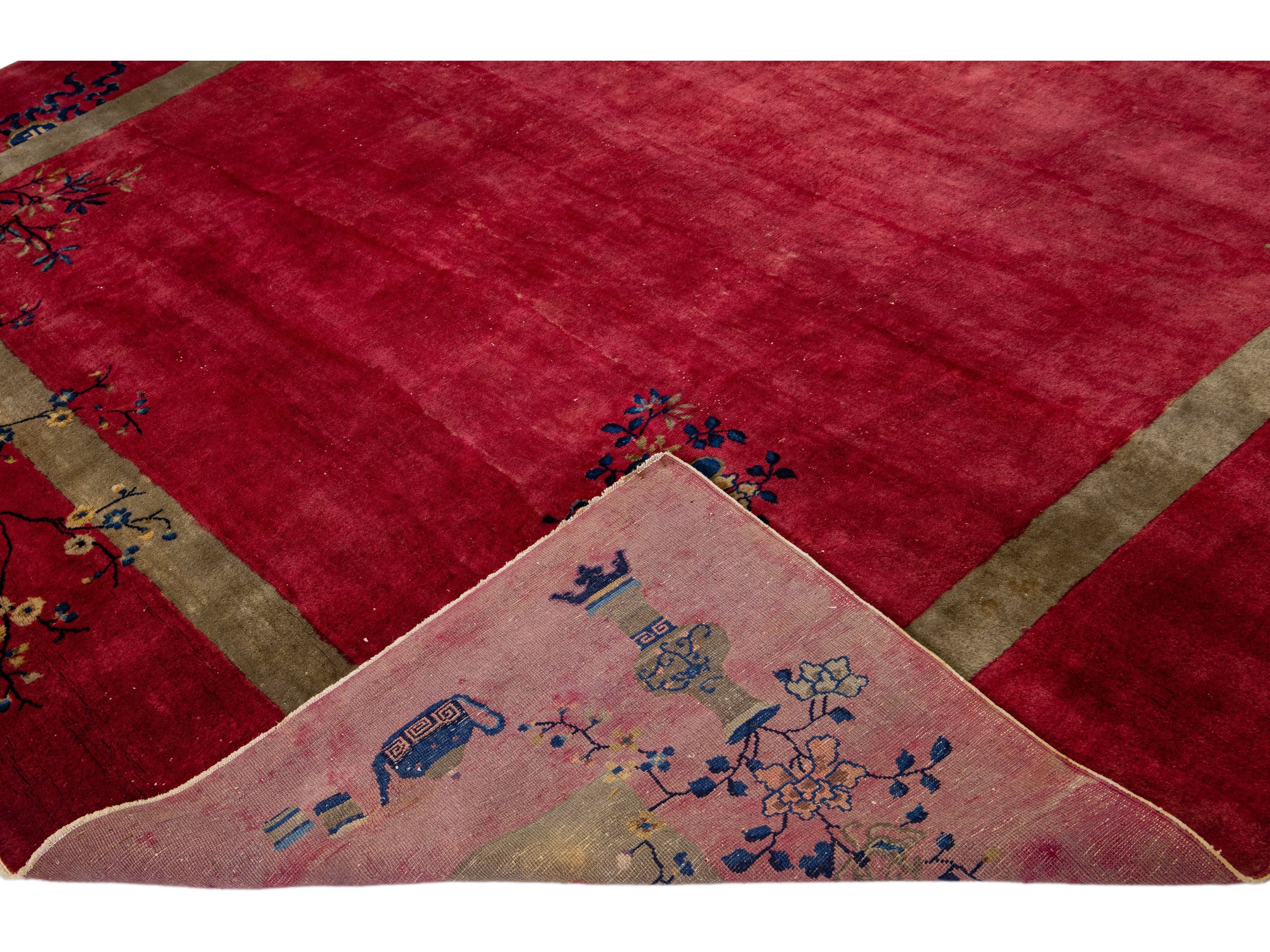 Red Antique Art Deco Handmade Floral Designed Chinese Wool Rug