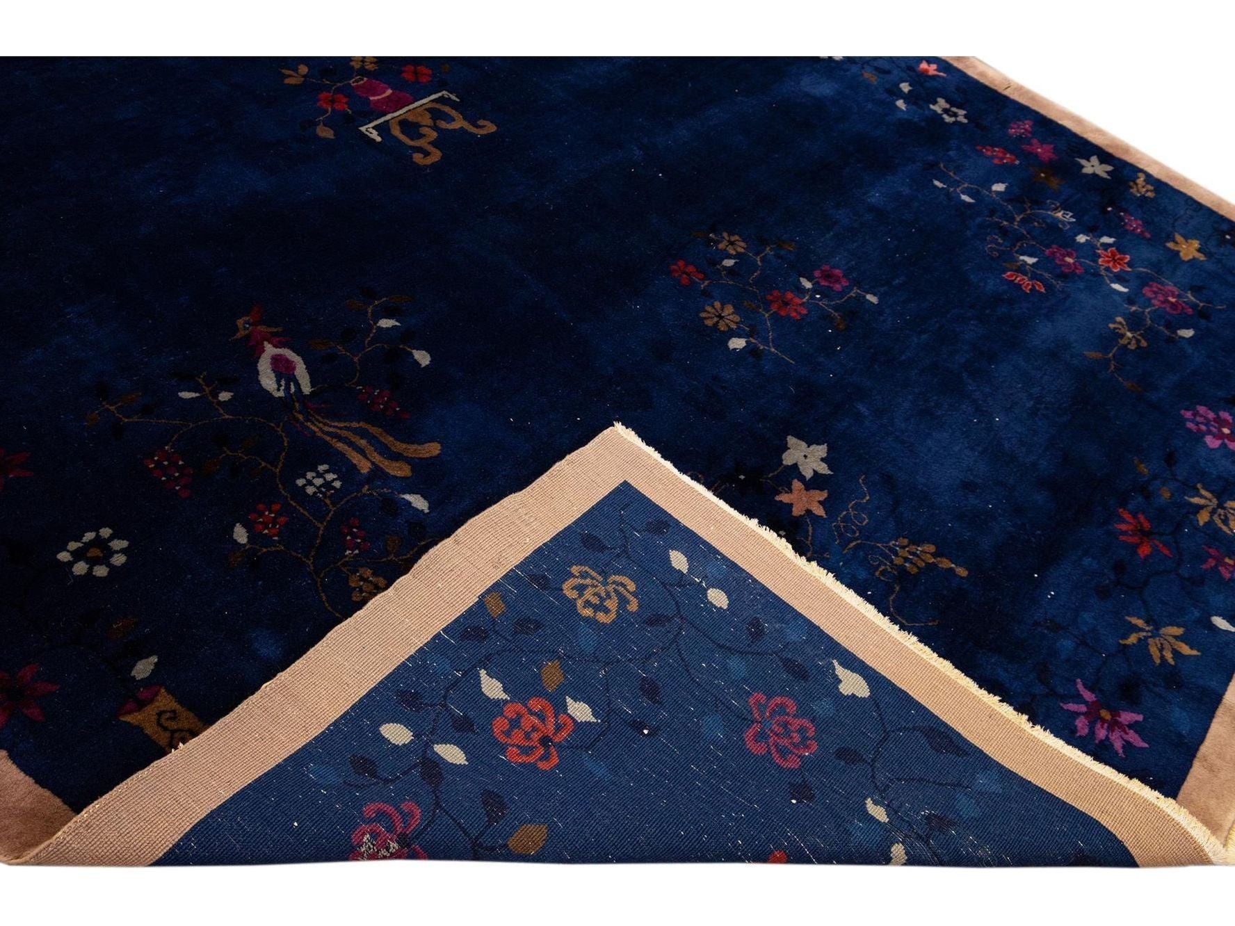 Blue Antique Art Deco Chinese Handmade Floral Wool Rug